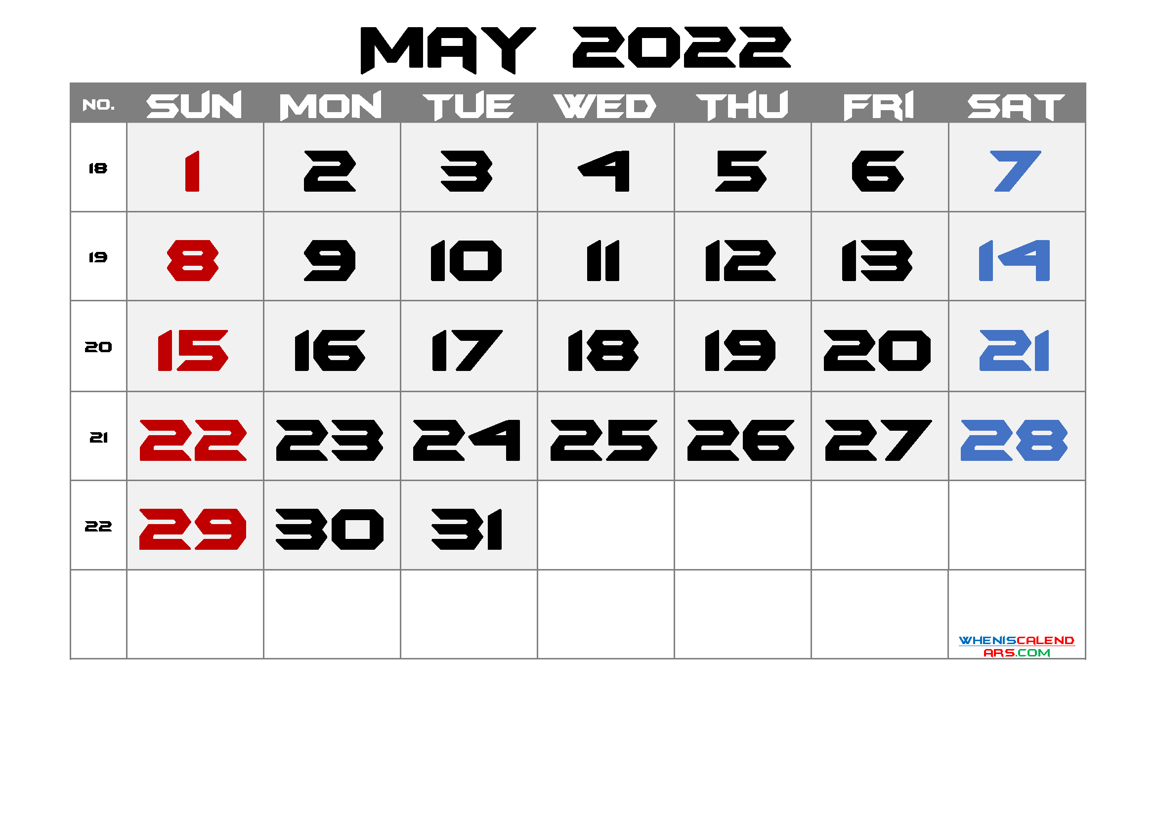 Free May 2022 Calendar Printable Cute