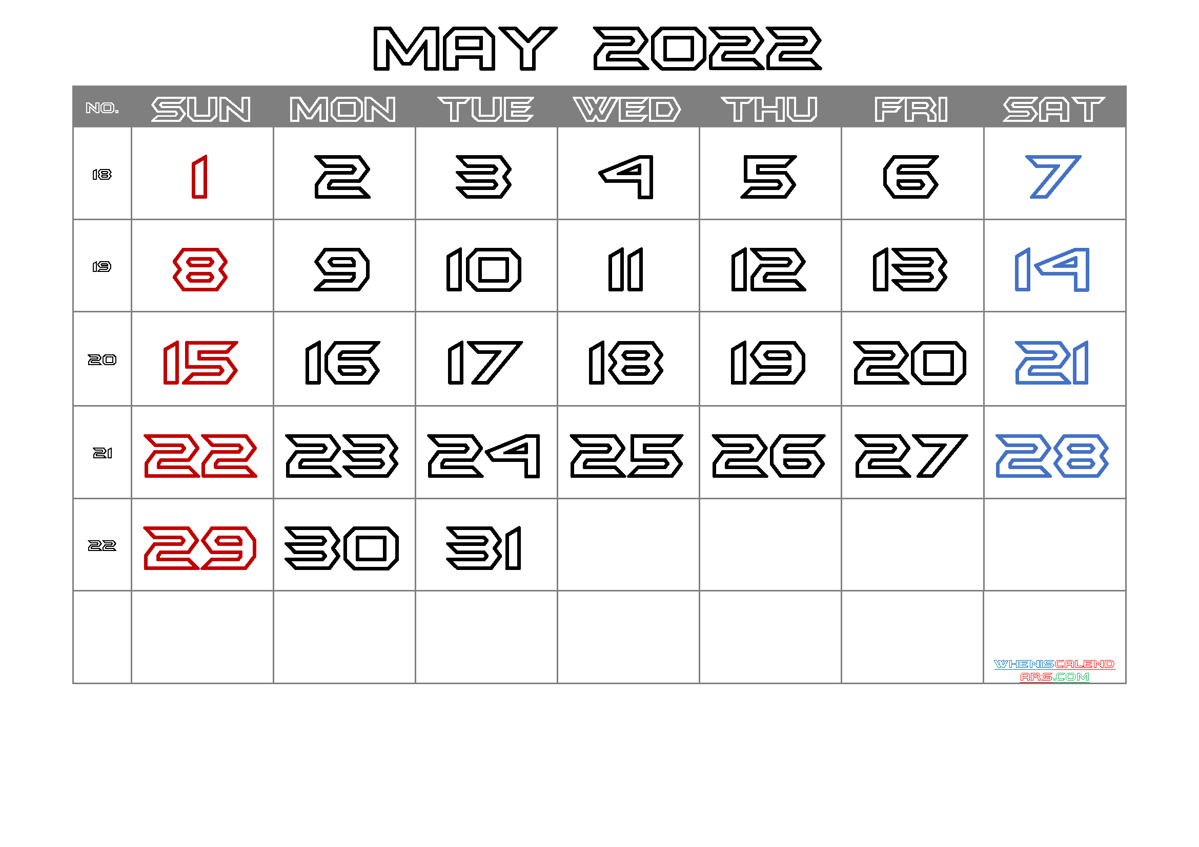 Free Blank Calendar May 2022