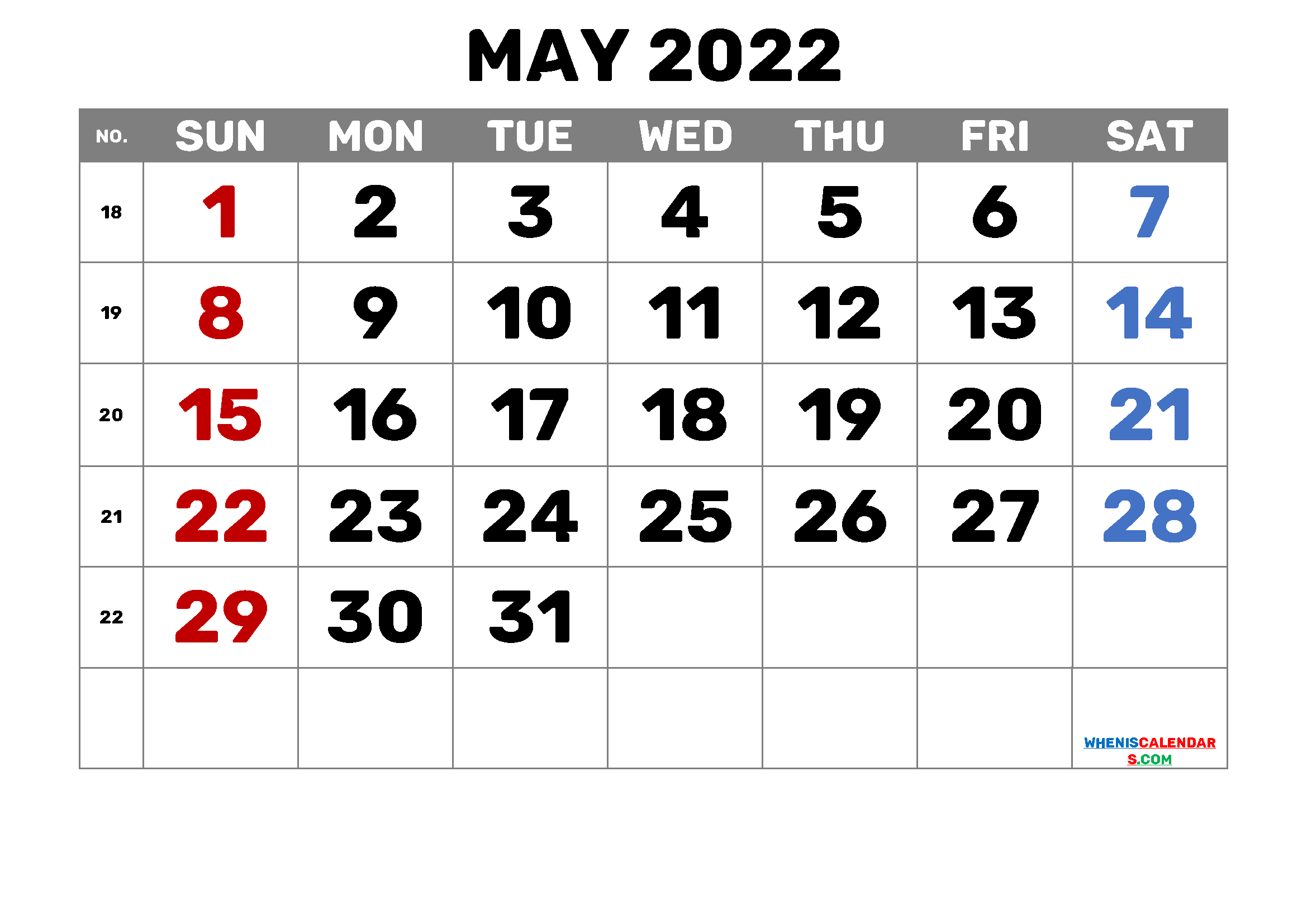 Free May 2022 Printable Calendar