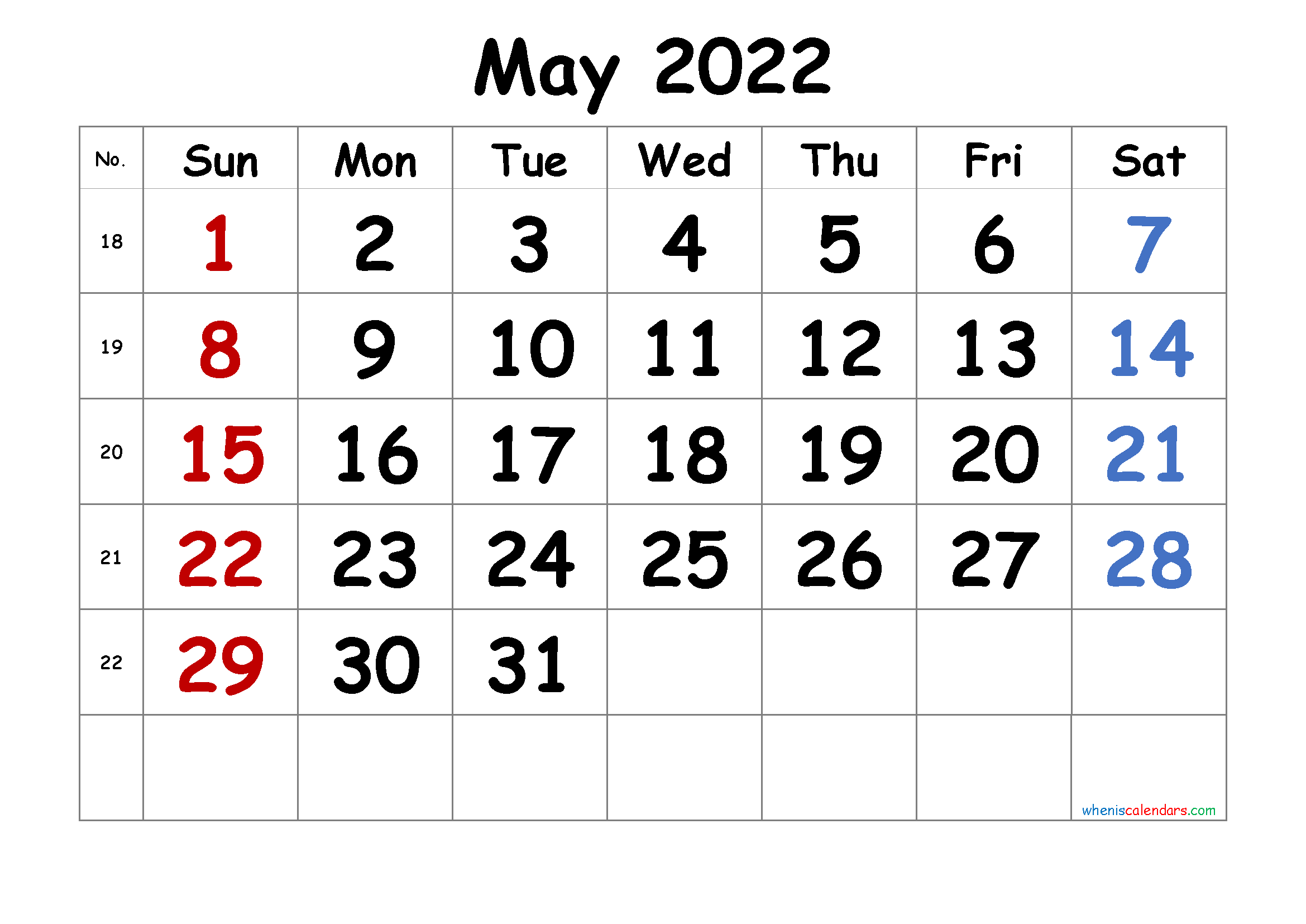 Free May 2022 Calendar Template