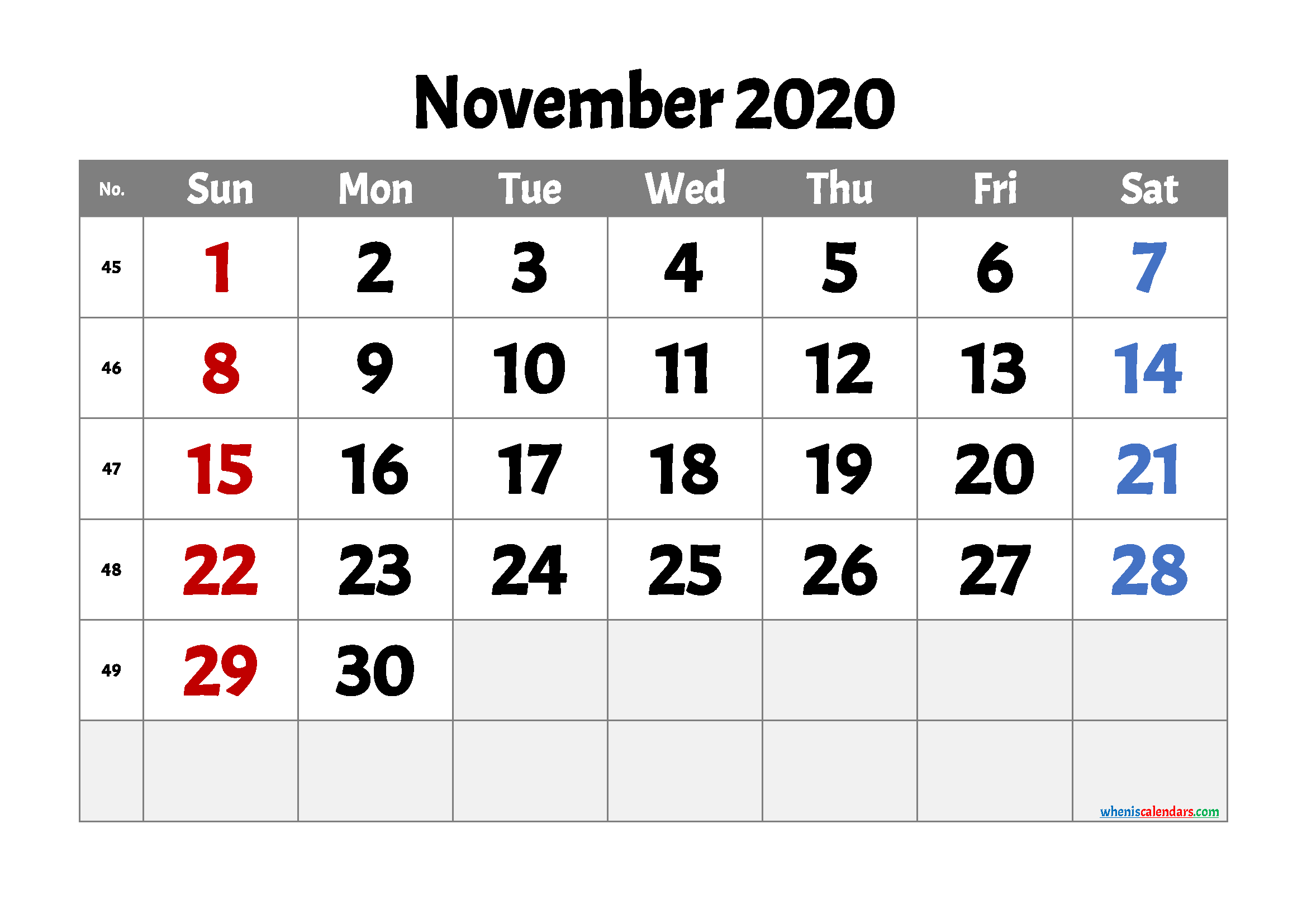Printable November 2020 Calendar Free