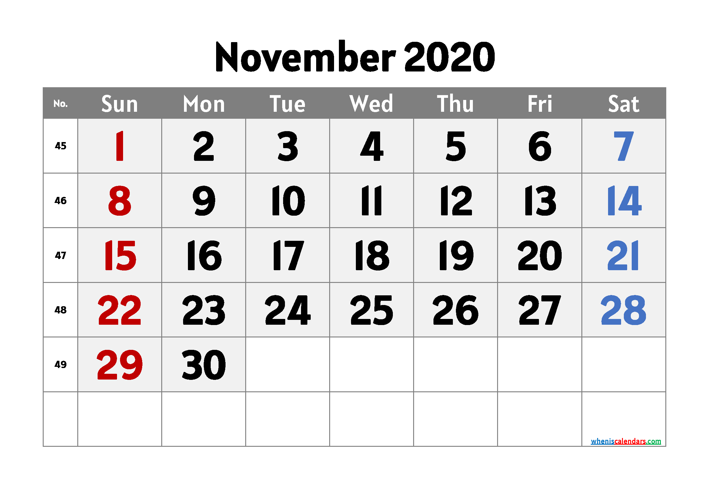 Free Calendar November 2020 Printable