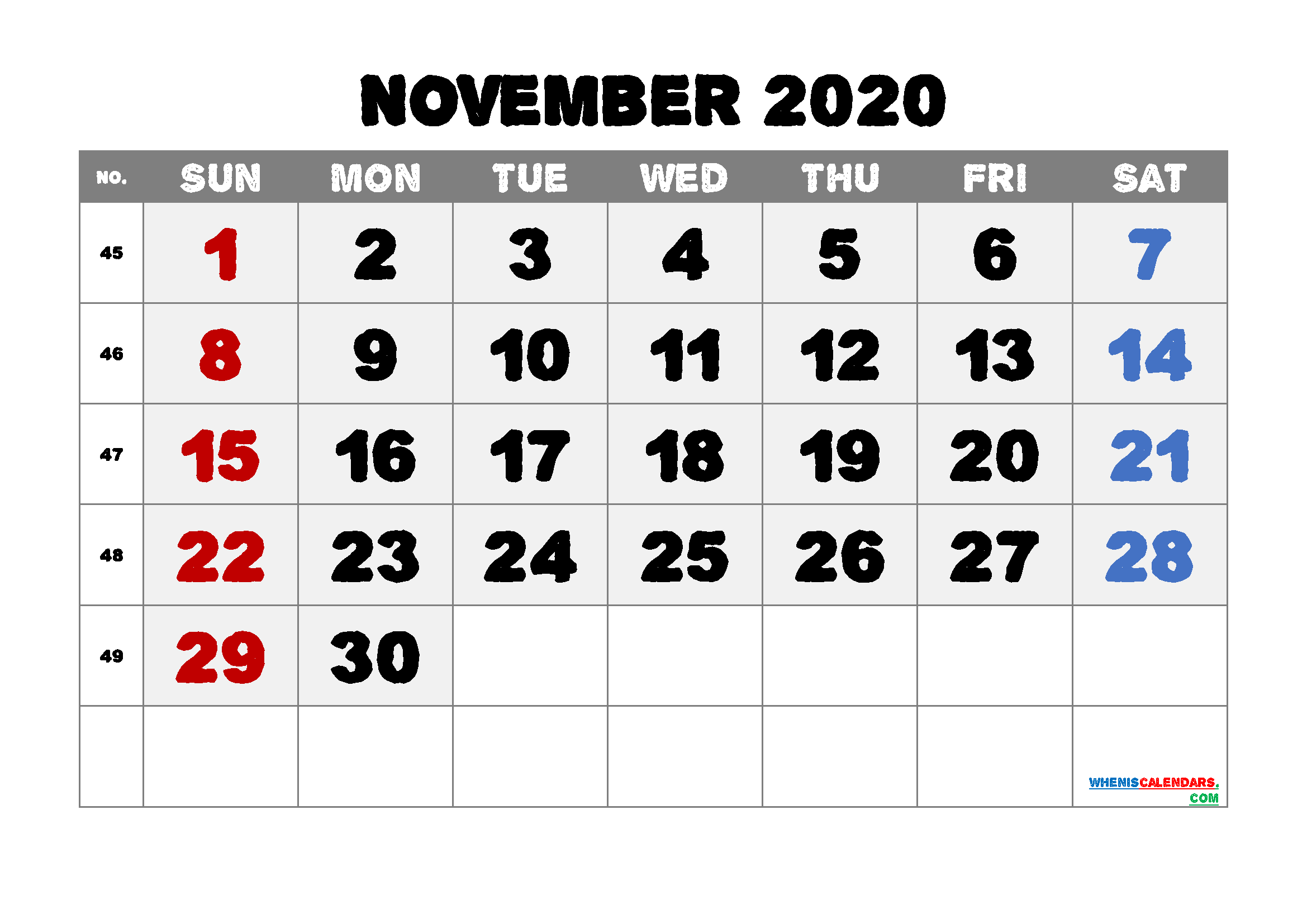 Calendar November 2020 Printable Free