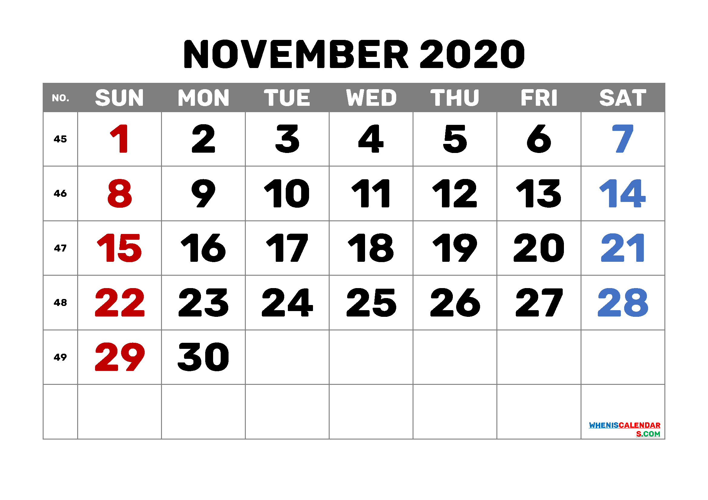 Editable November 2020 Calendar