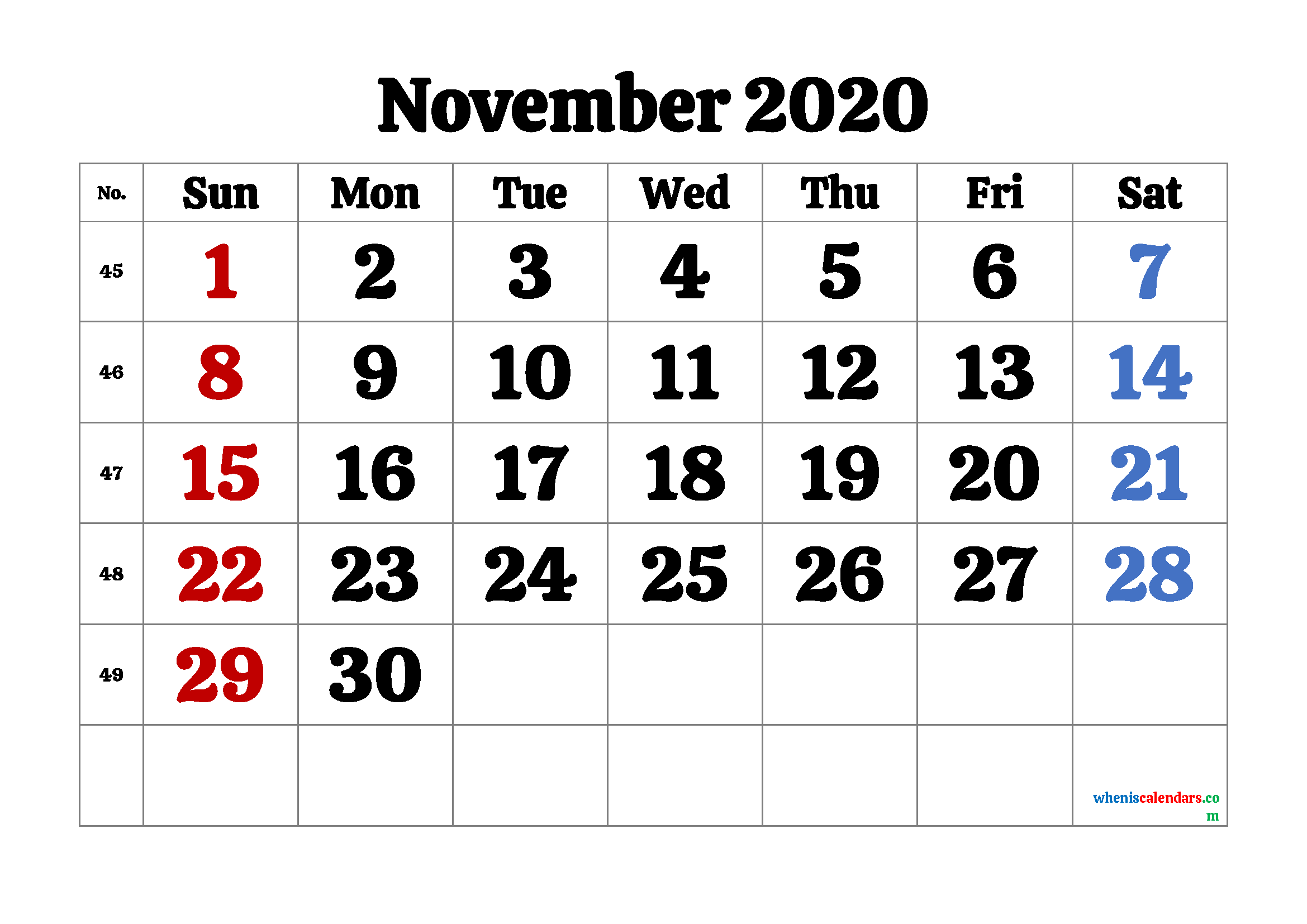 Free November 2020 Calendar Printable