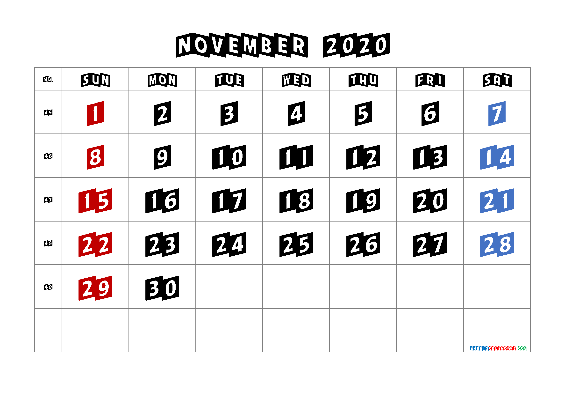 November 2020 Calendar Printable Free