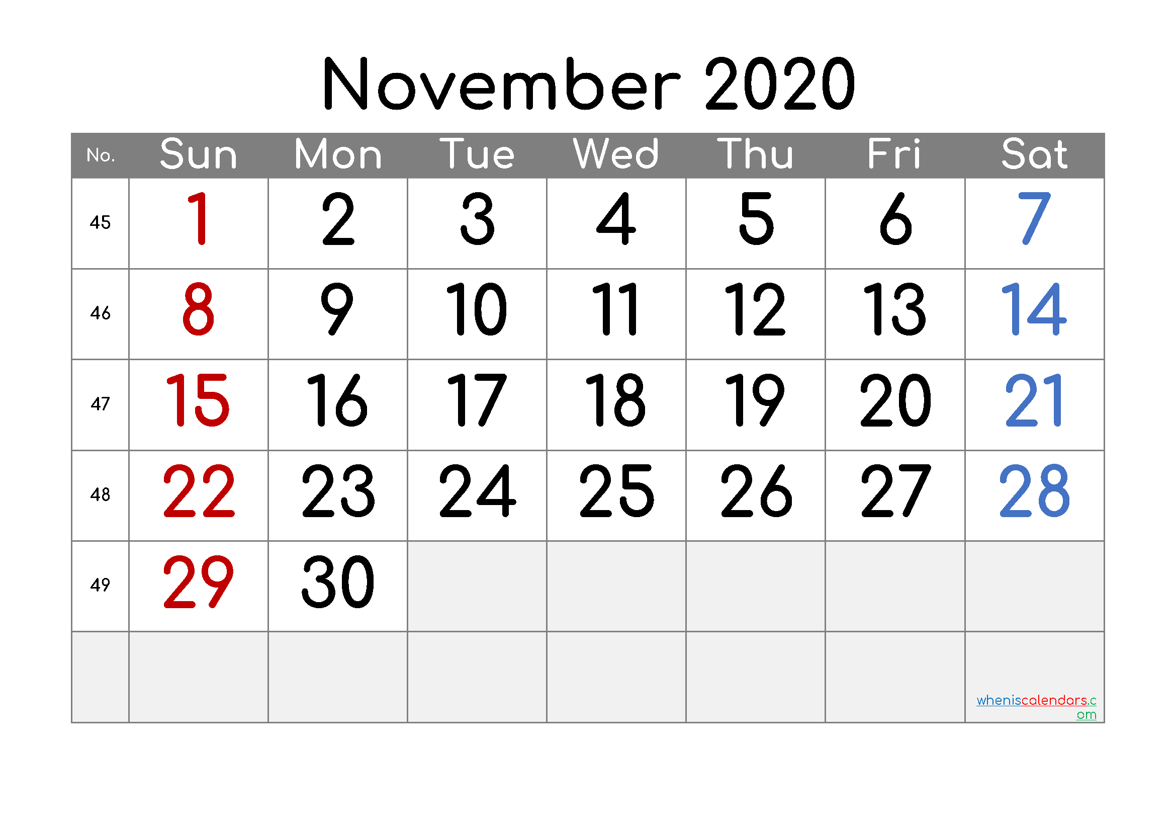 Free Calendar November 2020 Printable