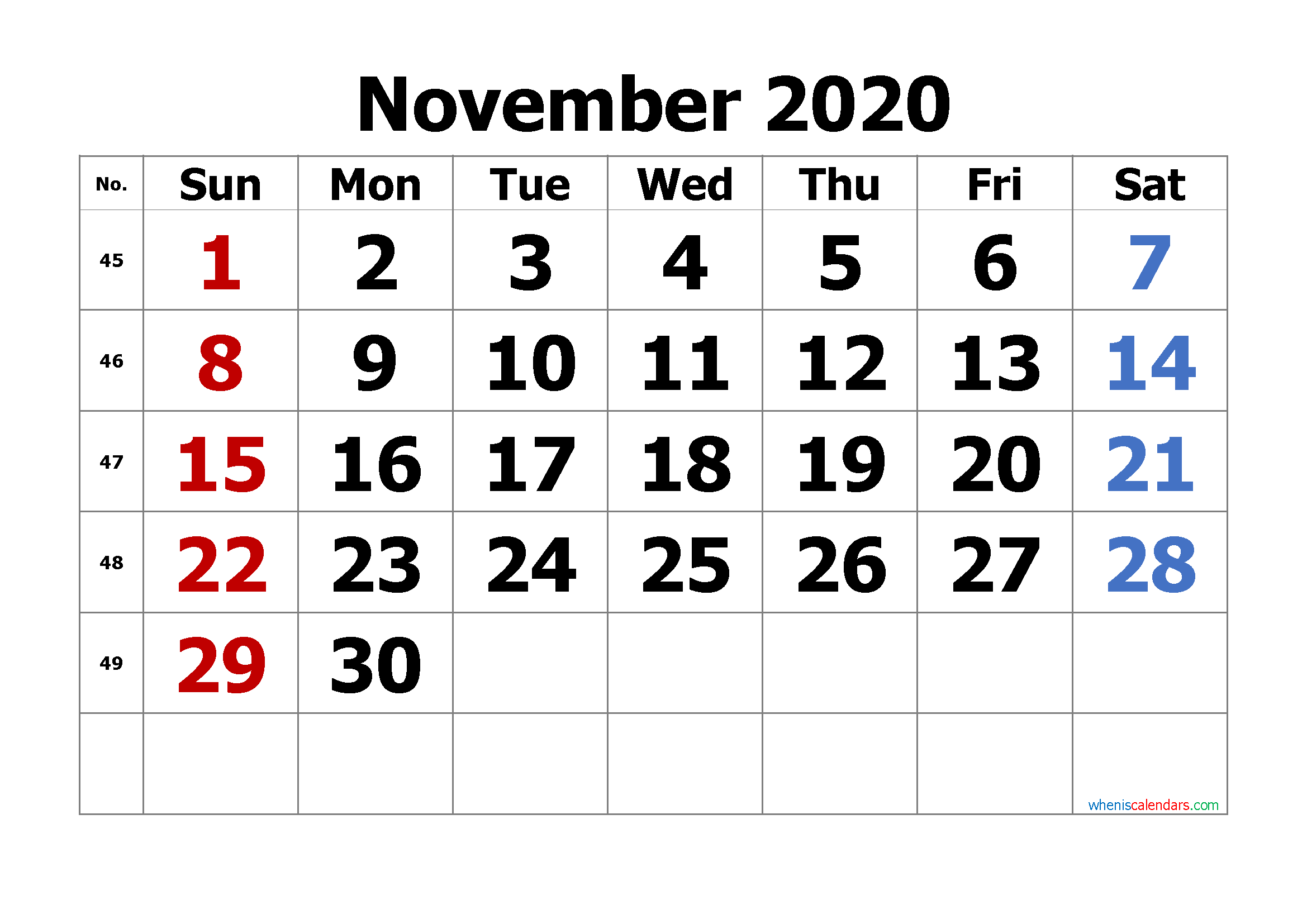 Free Editable November 2020 Calendar