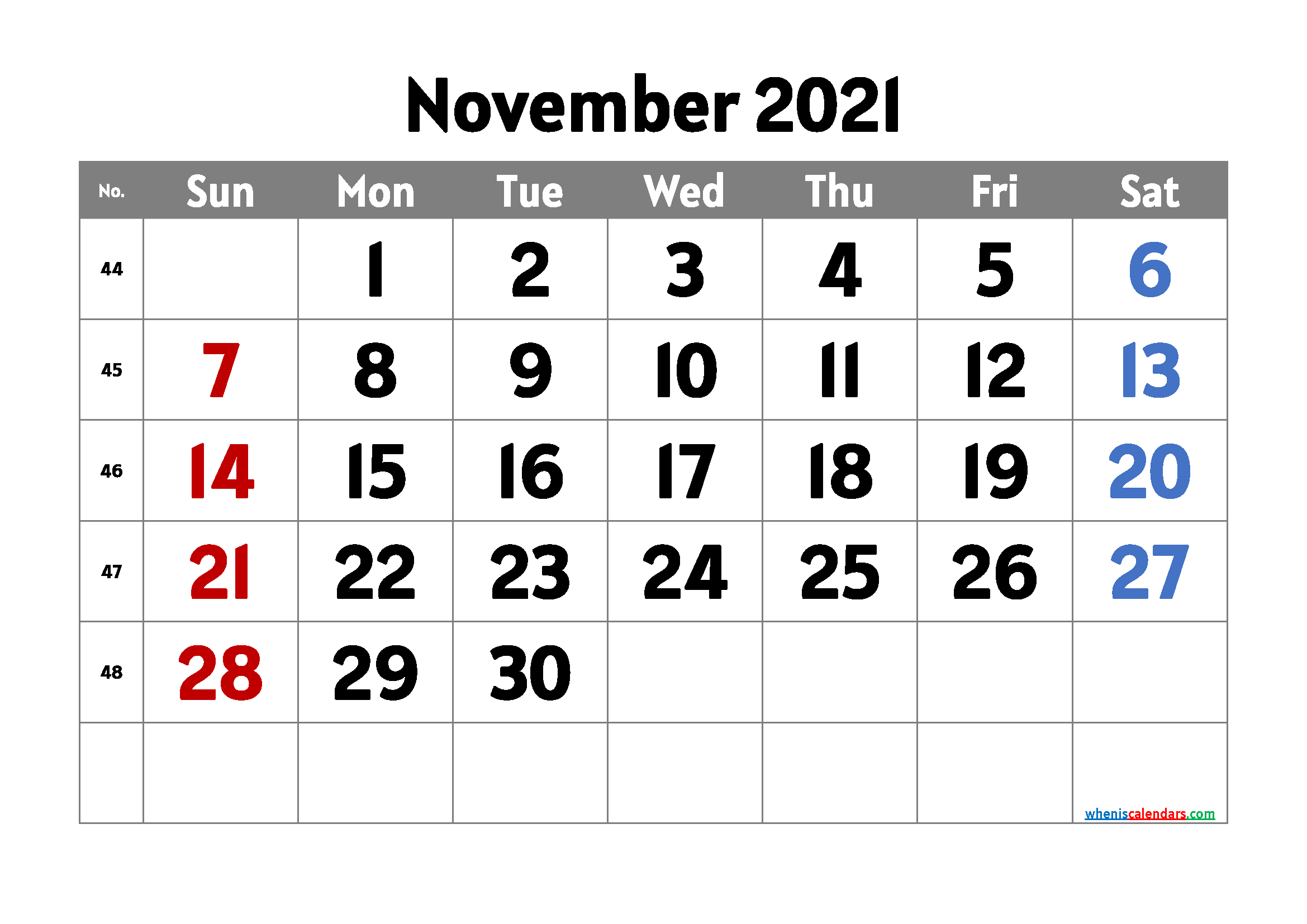 November 2021 Calendar Printable Free