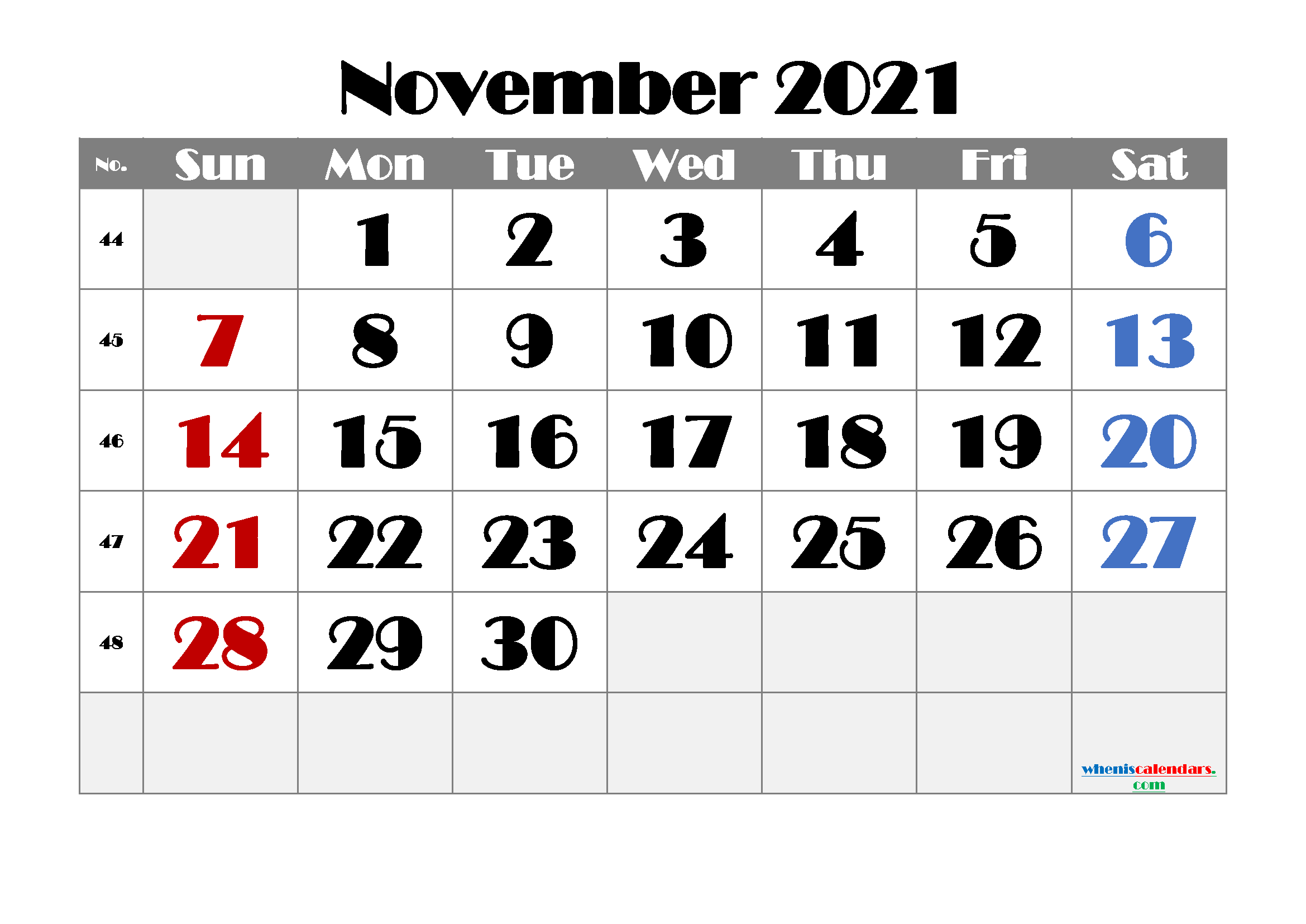 Printable November 2021 Calendar Free