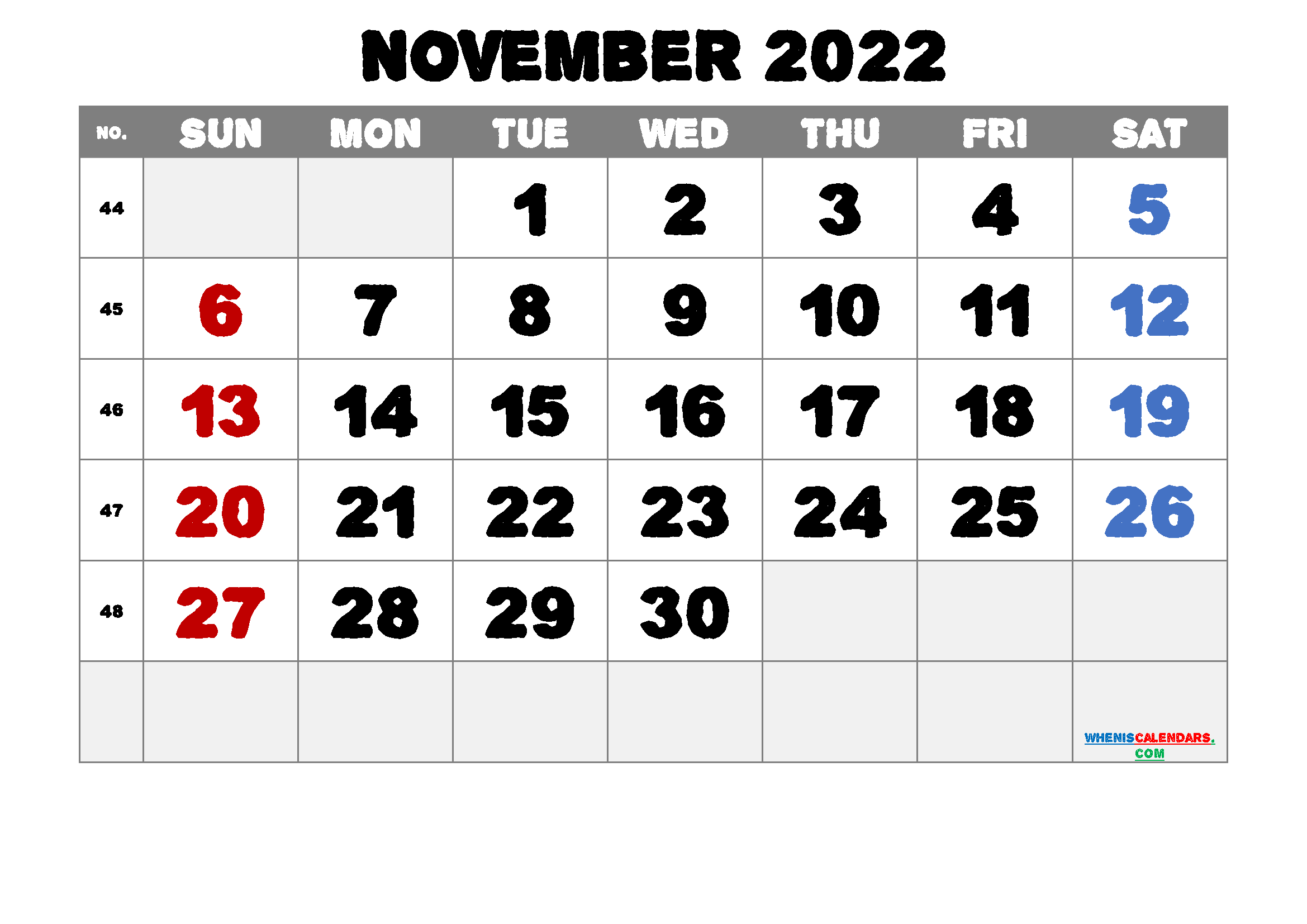 Free November 2022 Calendar with Holidays