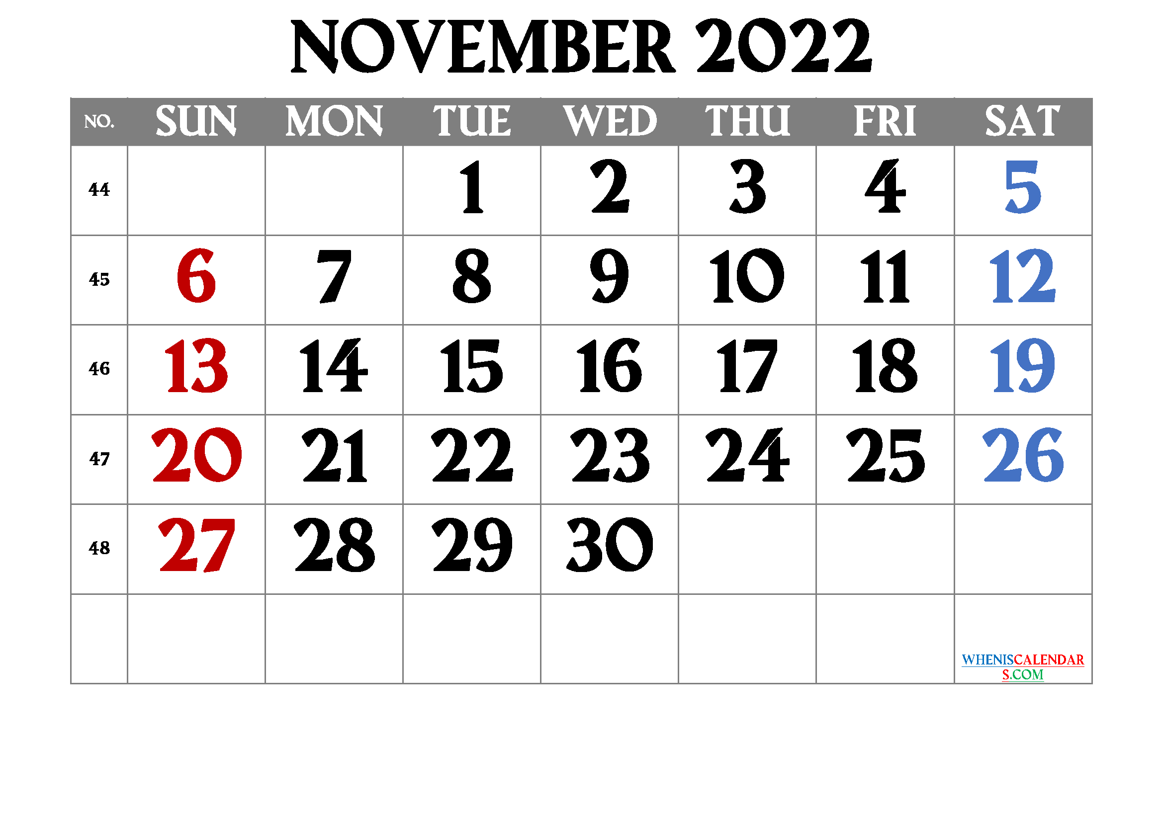 Free Printable November 2022 Calendar