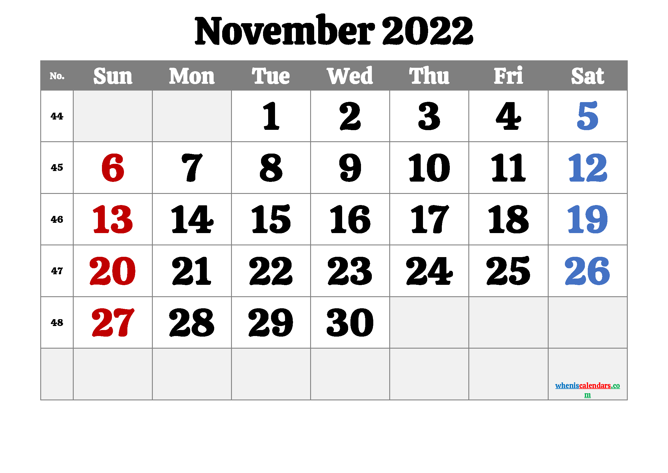 Free November 2022 Calendar with Holidays