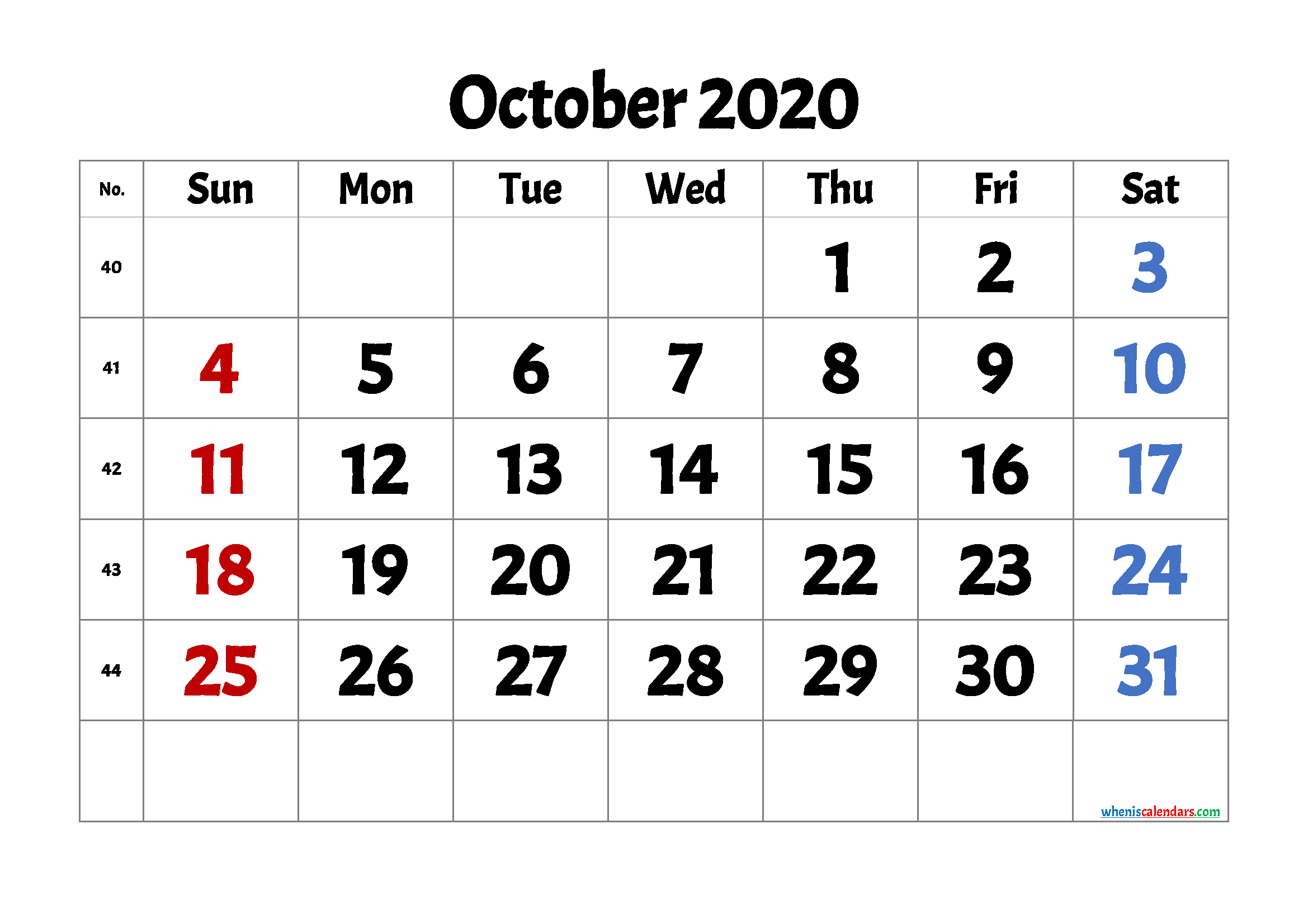 Free October 2020 Calendar Printable