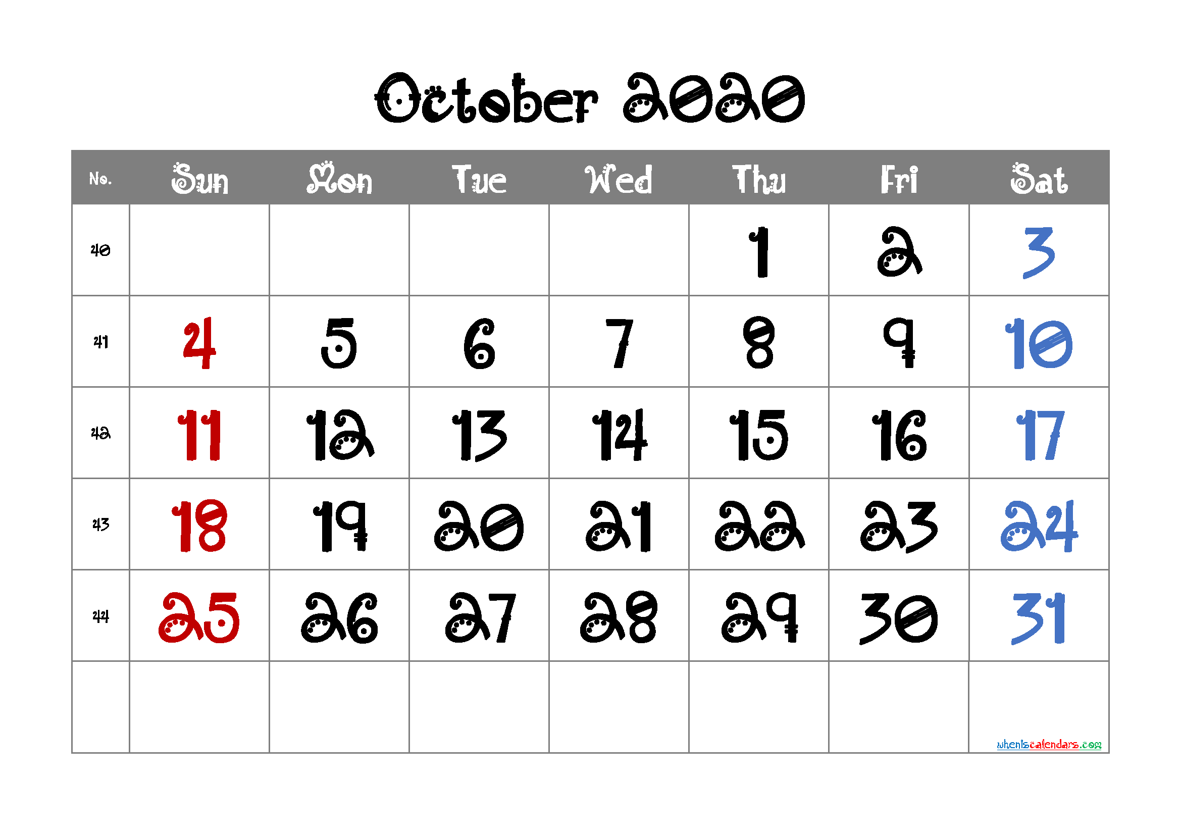 Free Editable October 2020 Calendar