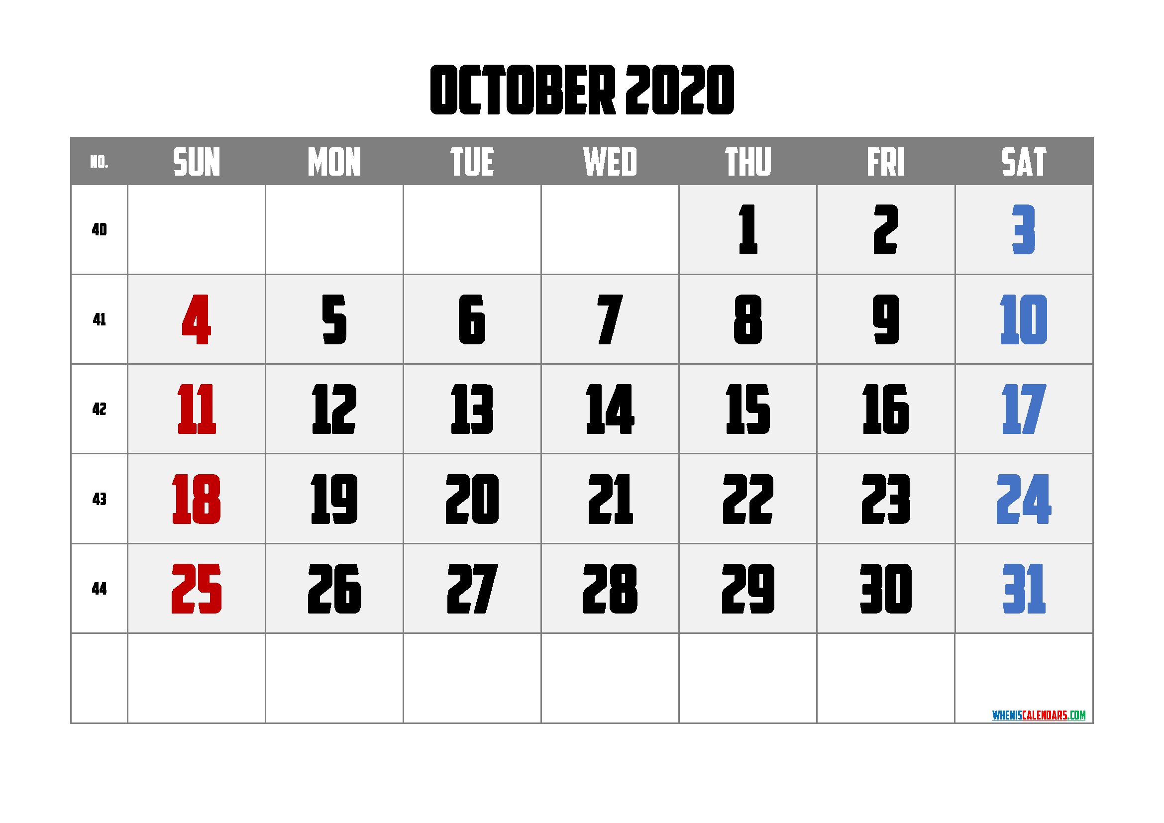 Calendar October 2020 Free Printable