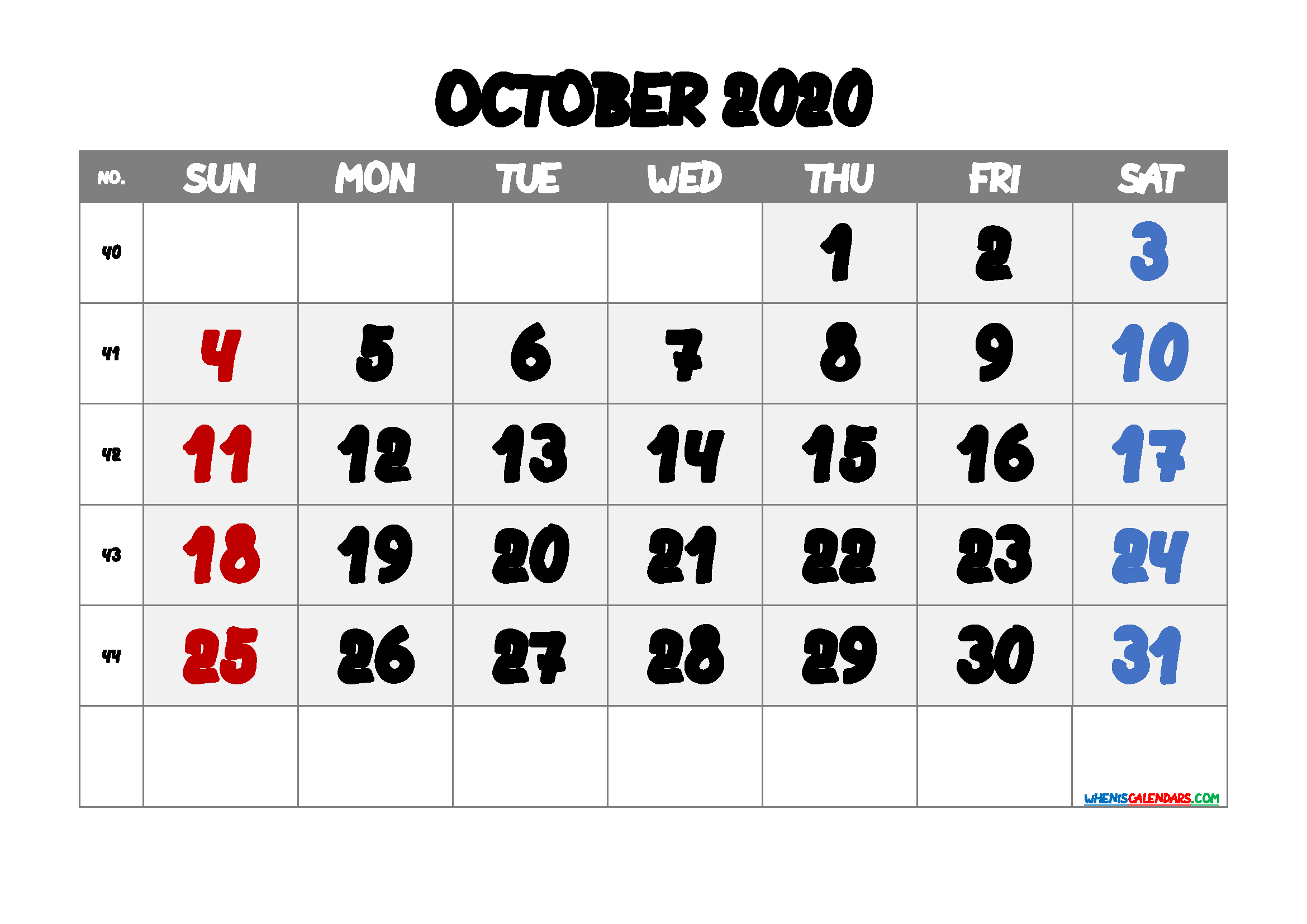 Printable October 2020 Calendar PDF