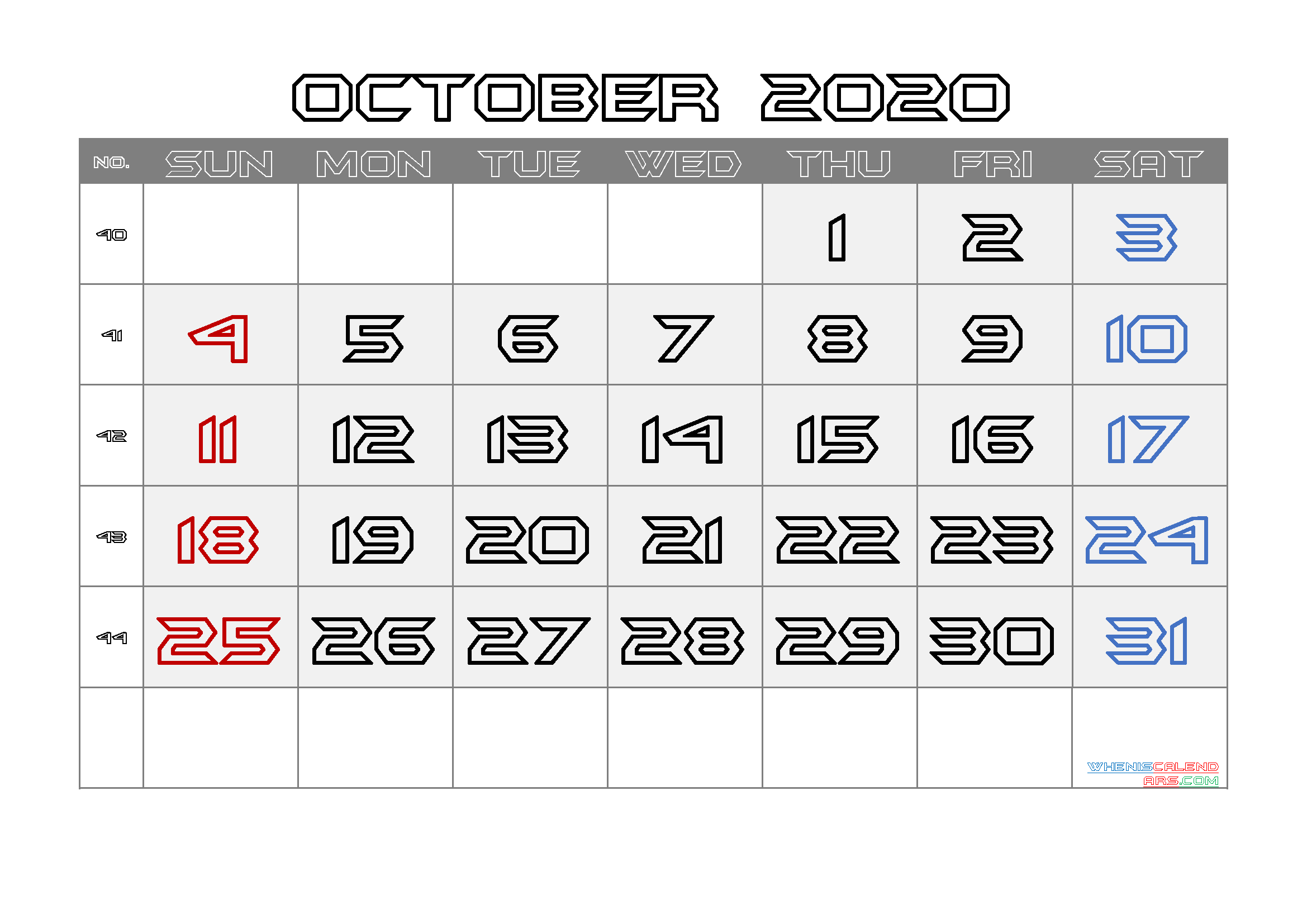 Calendar October 2020 Free Printable
