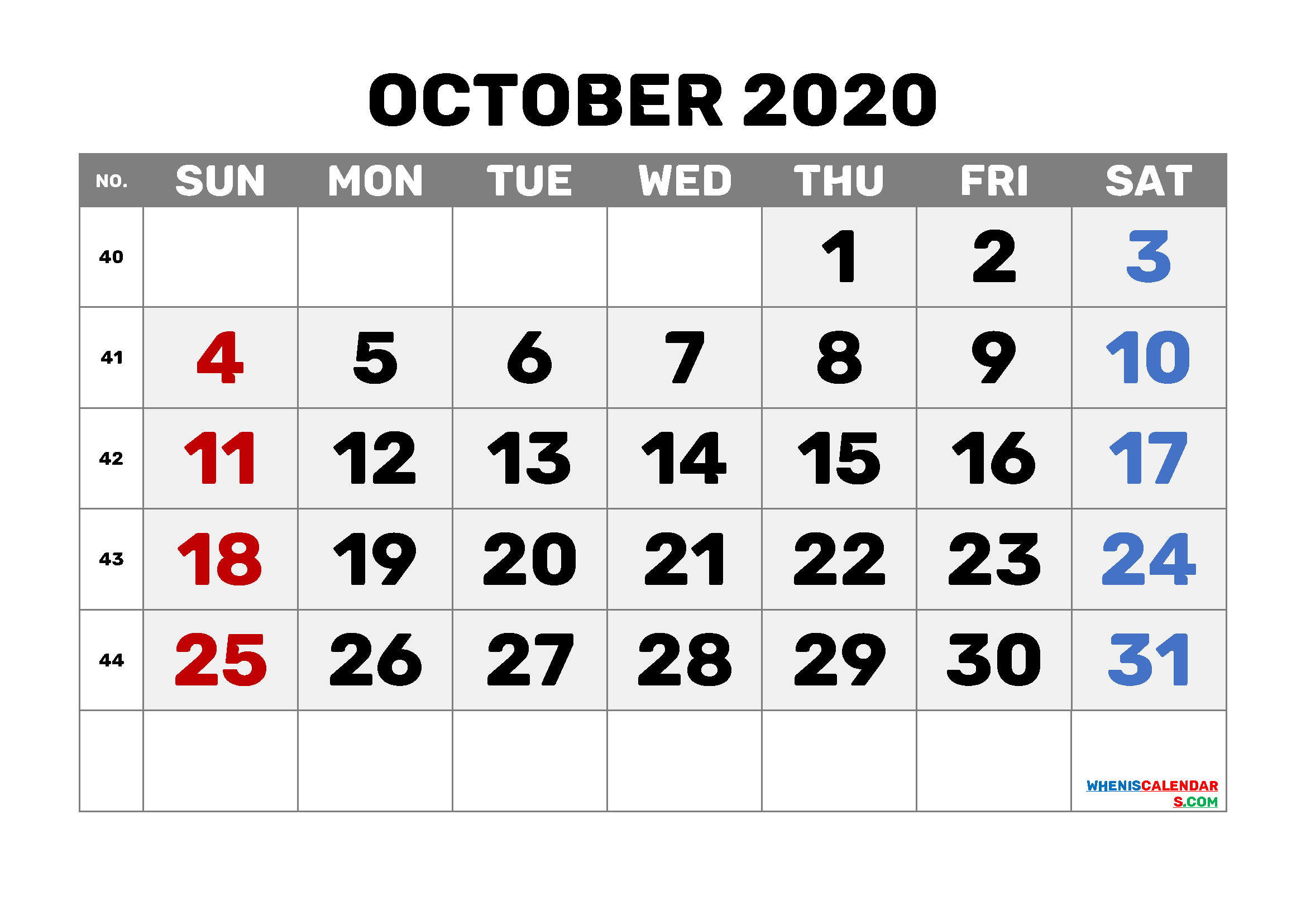 Free Calendar October 2020 Printable