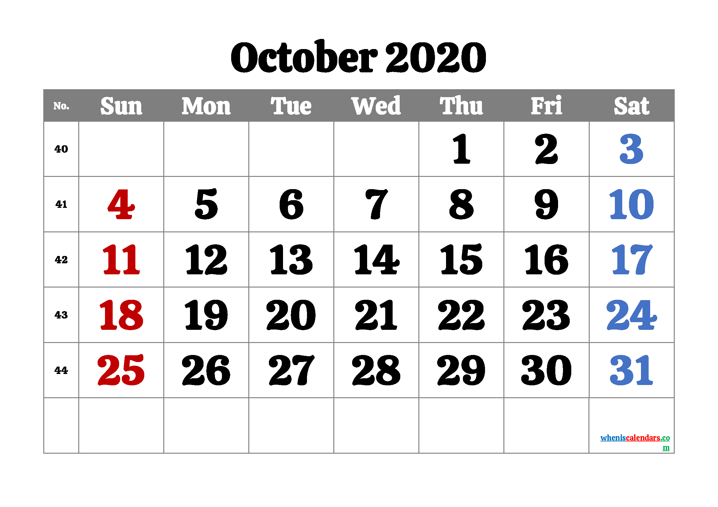 Free Printable October 2020 Calendar