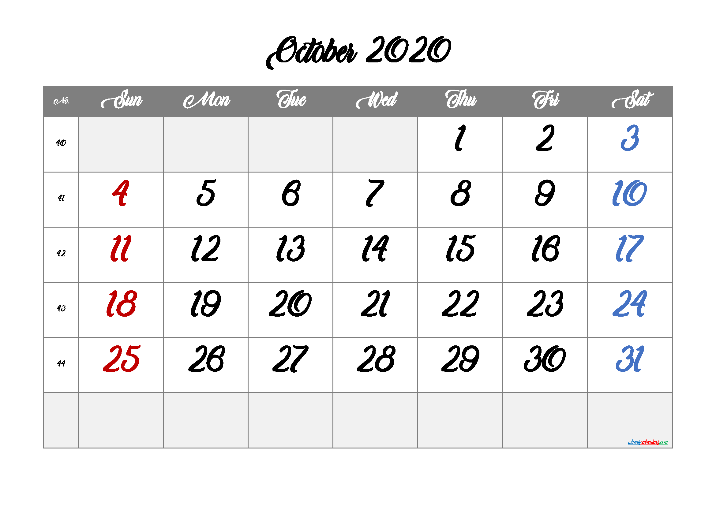 Printable October 2020 Calendar PDF