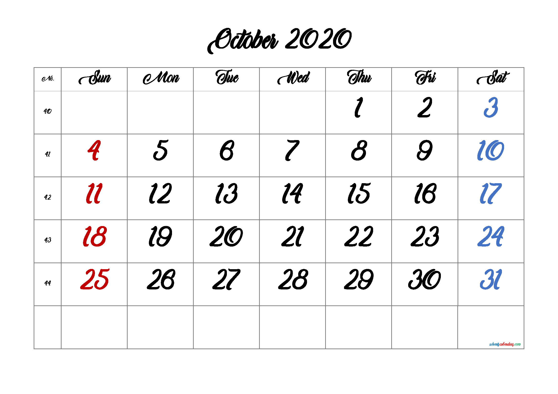Calendar October 2020 Printable Free