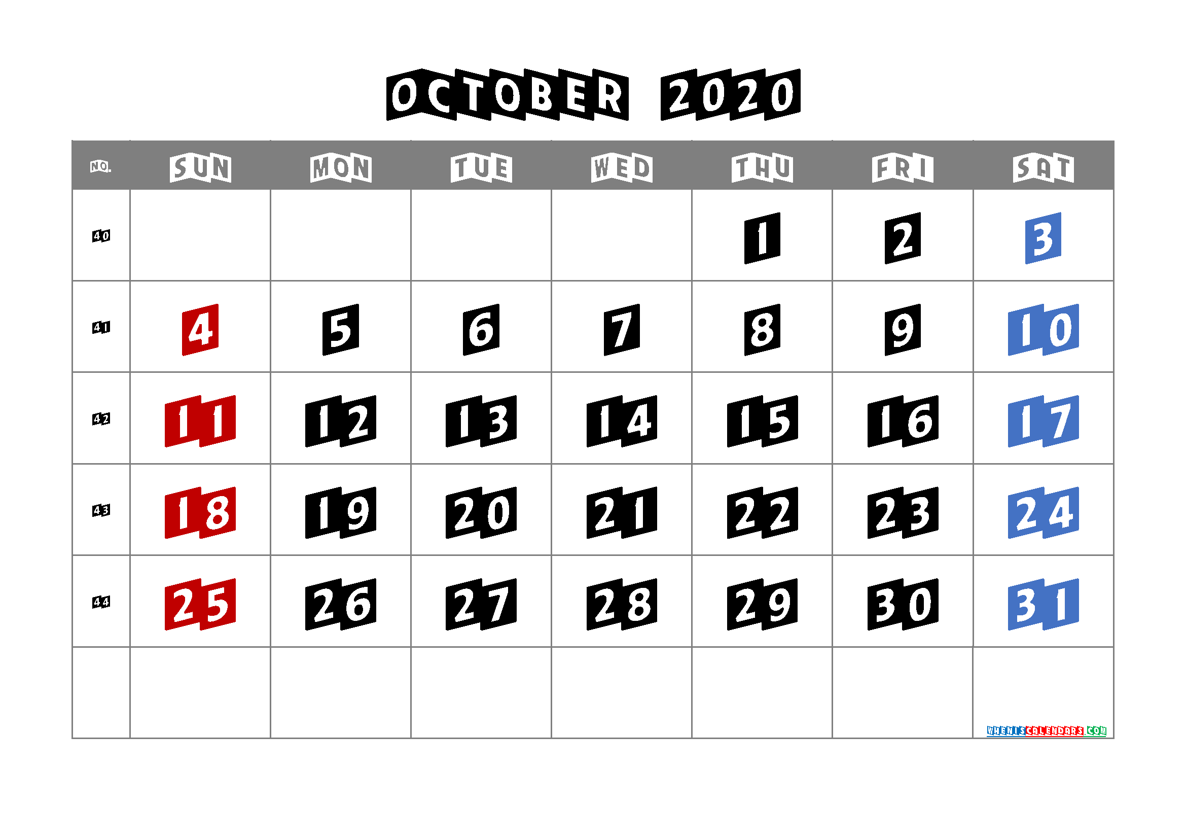 Printable October 2020 Calendar Free
