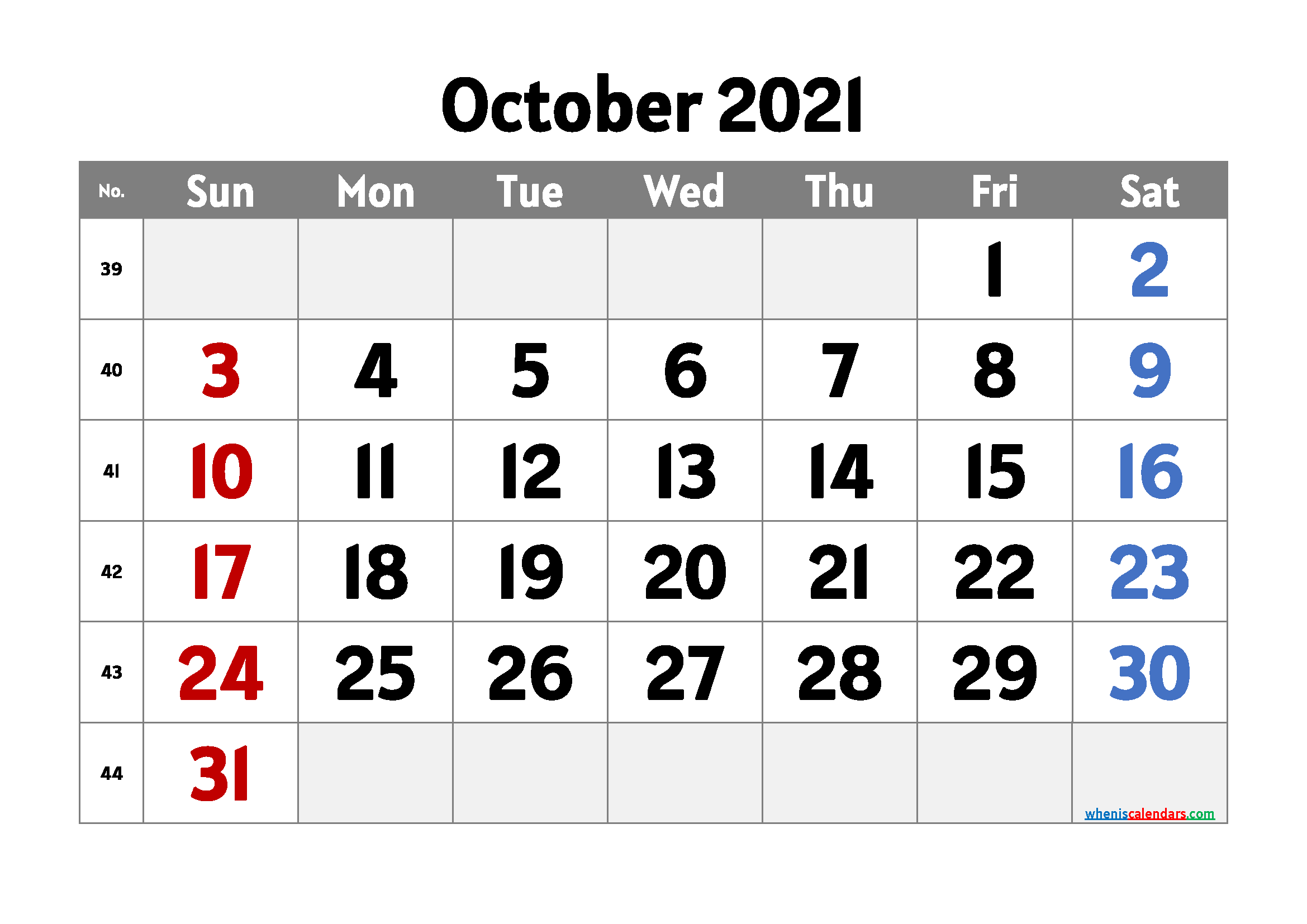 Printable October 2021 Calendar PDF