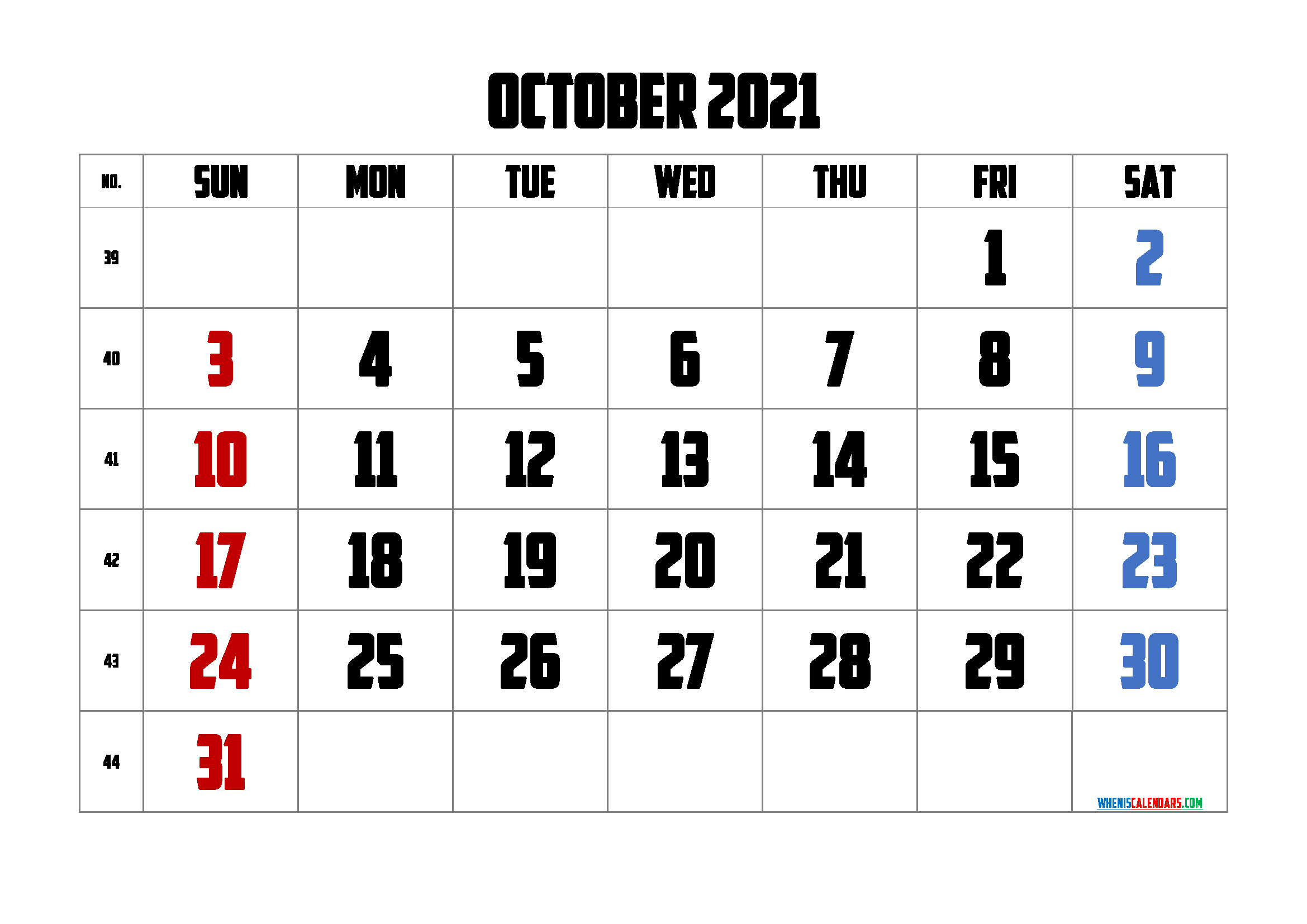 Calendar October 2021 Printable Free