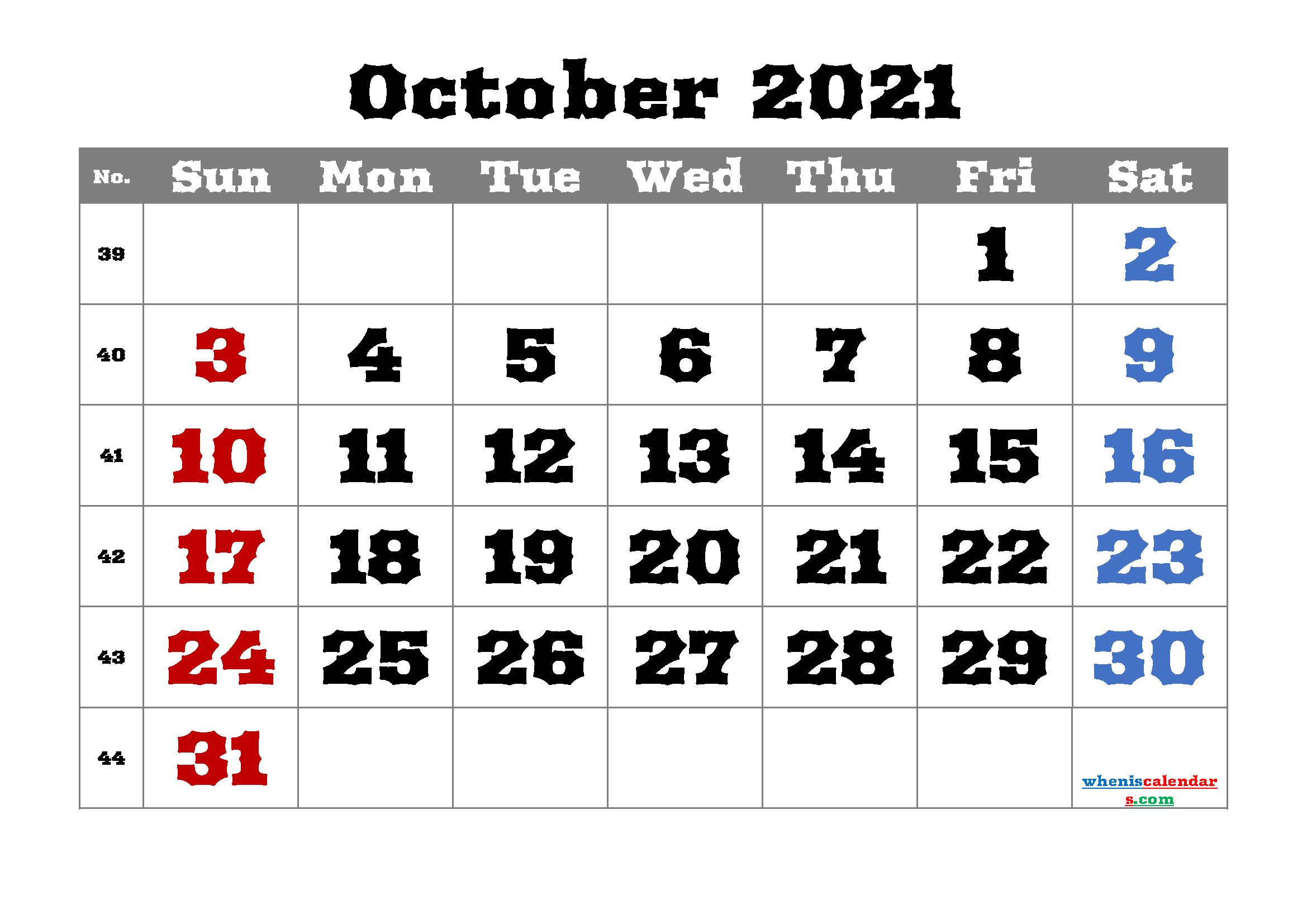 Calendar October 2021 Free Printable