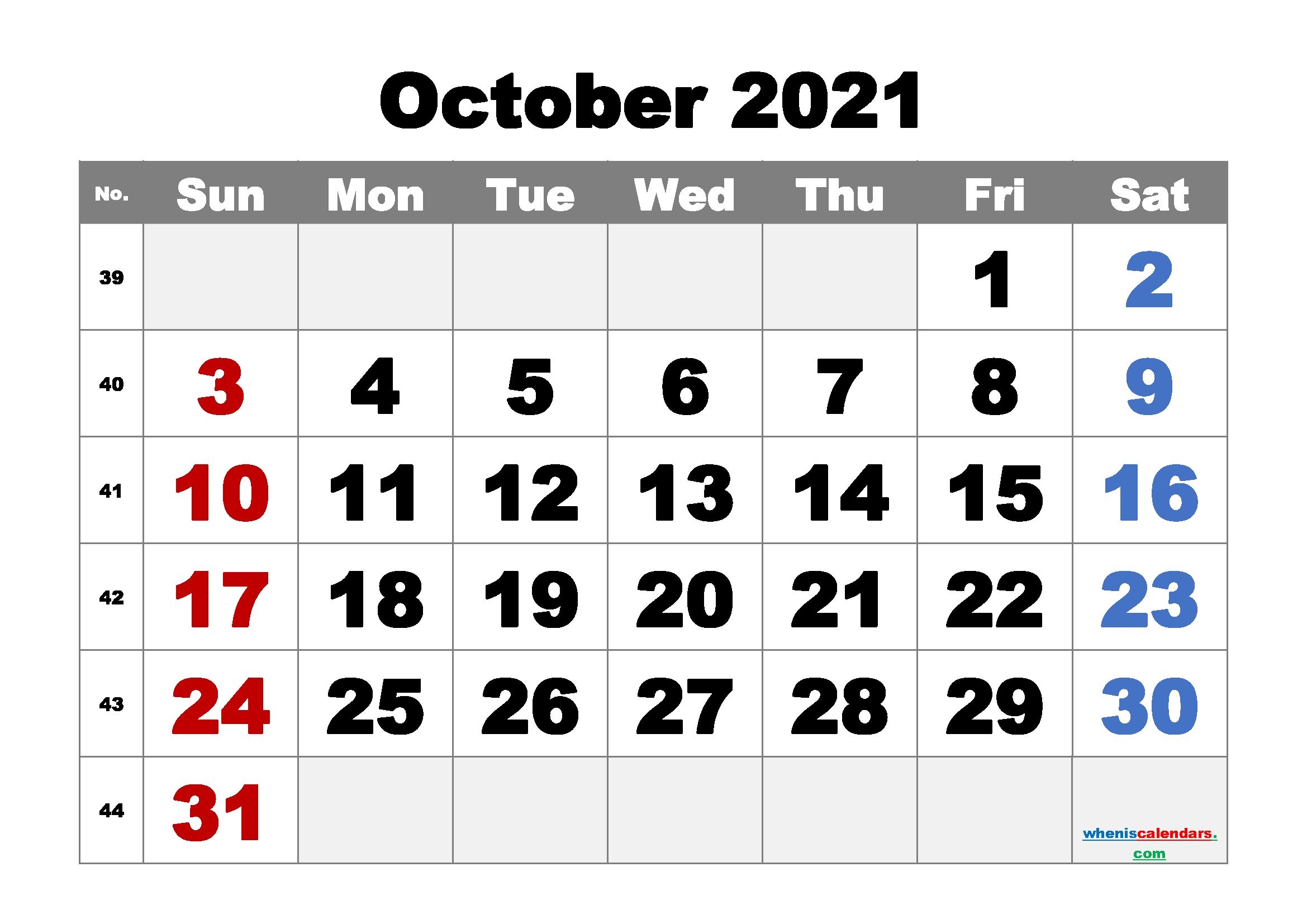 Printable October 2021 Calendar Free Template M21ArialBlack2