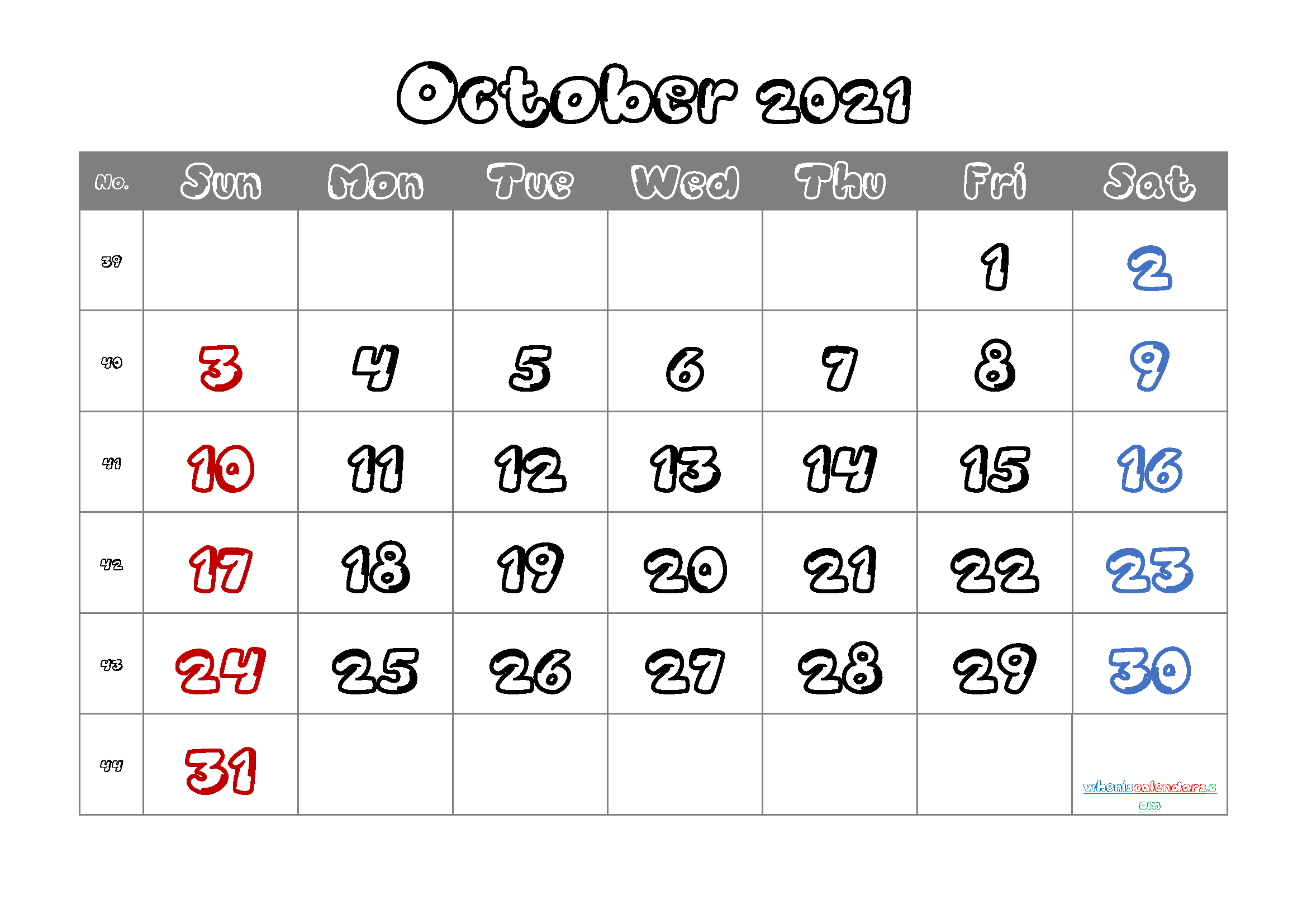 October 2021 Calendar Printable Free