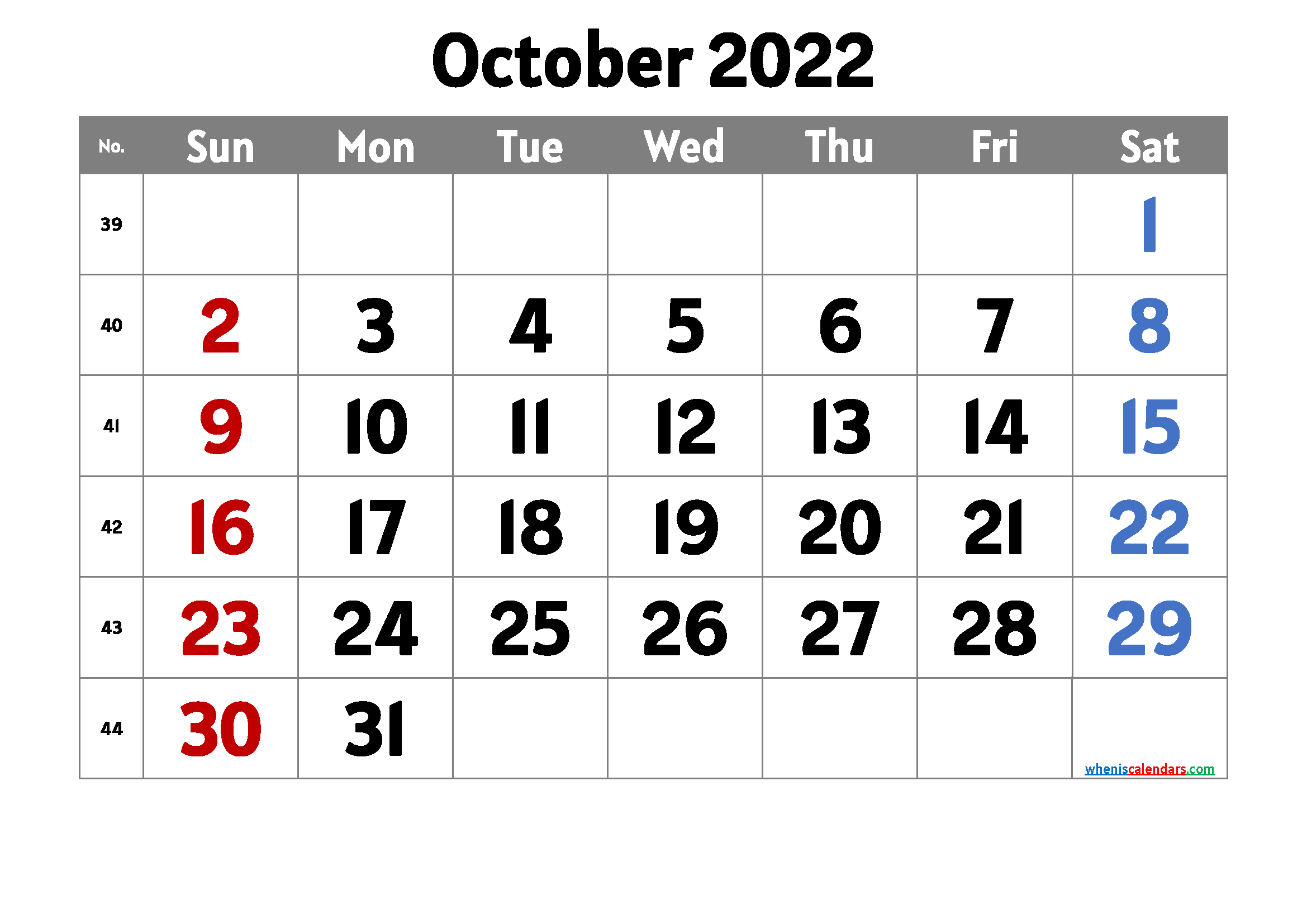 Free Printable Calendar 2022 October