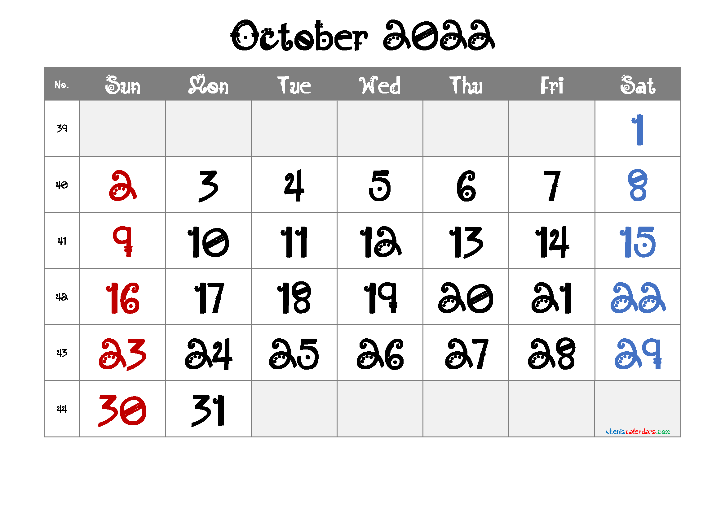 Free Printable October Calendar 2022
