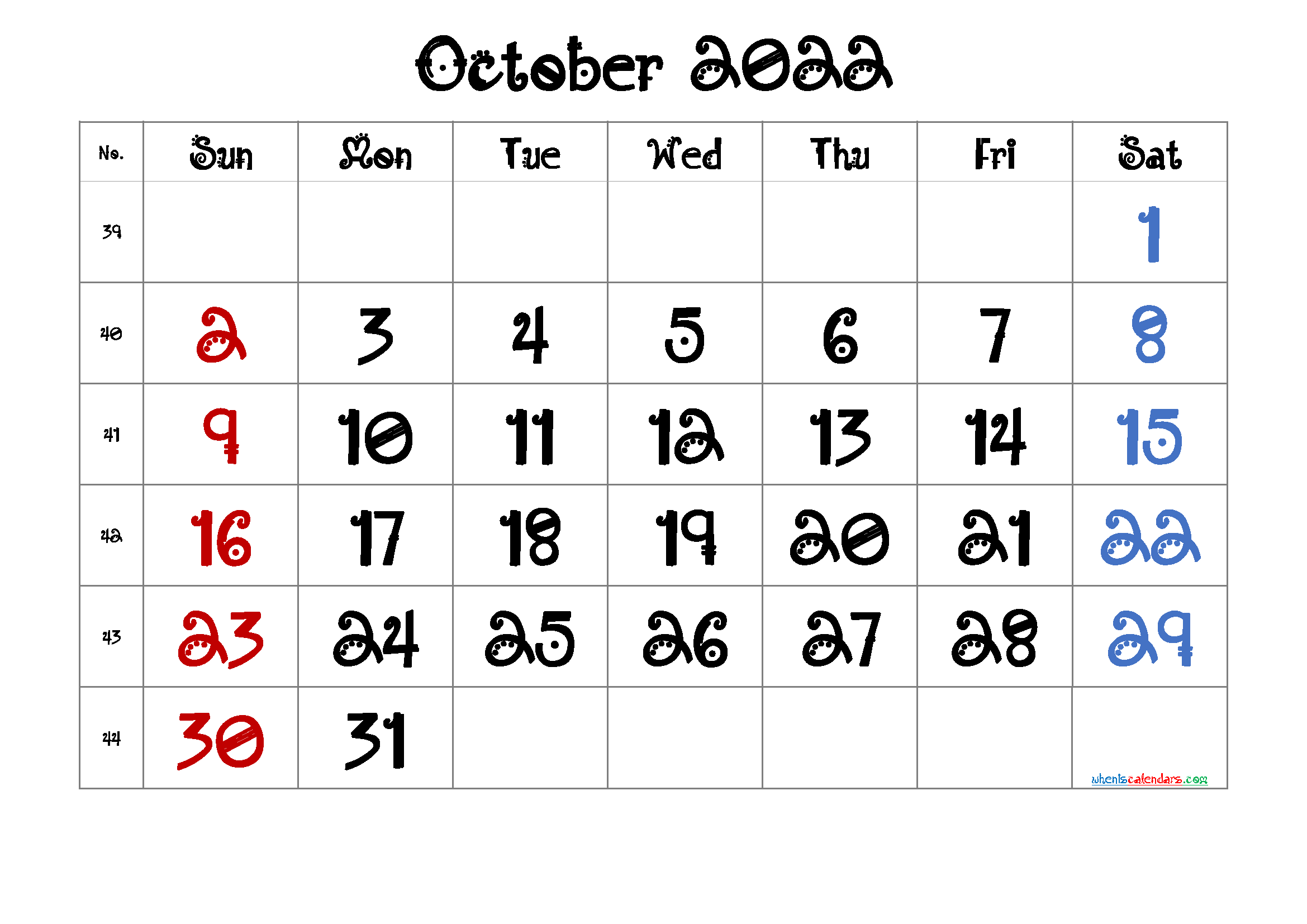 Free Cute October 2022 Calendar