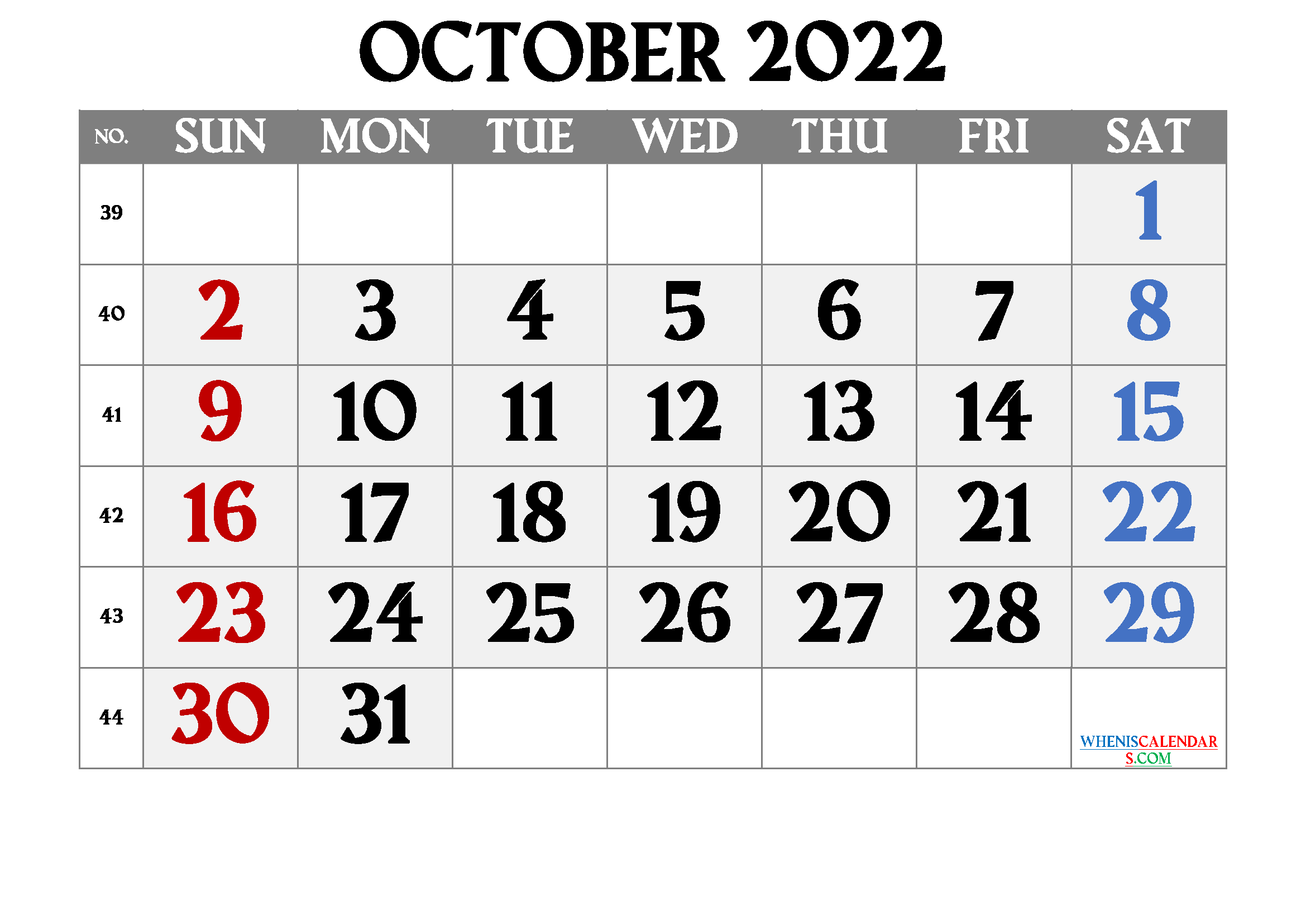 Free Blank Calendar October 2022