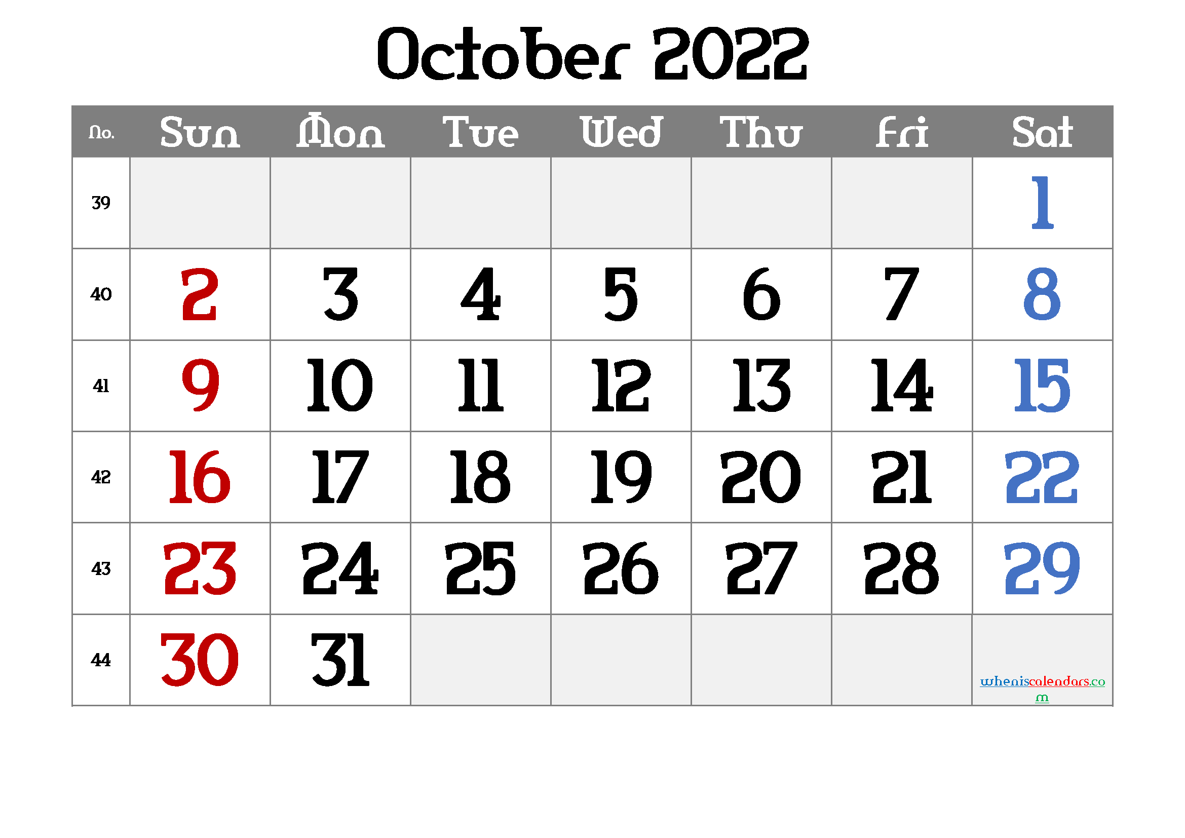 Free Printable October 2022 Calendars