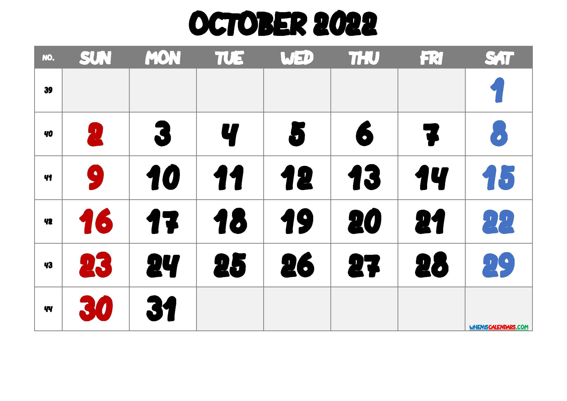 Free October 2022 Calendar with Holidays