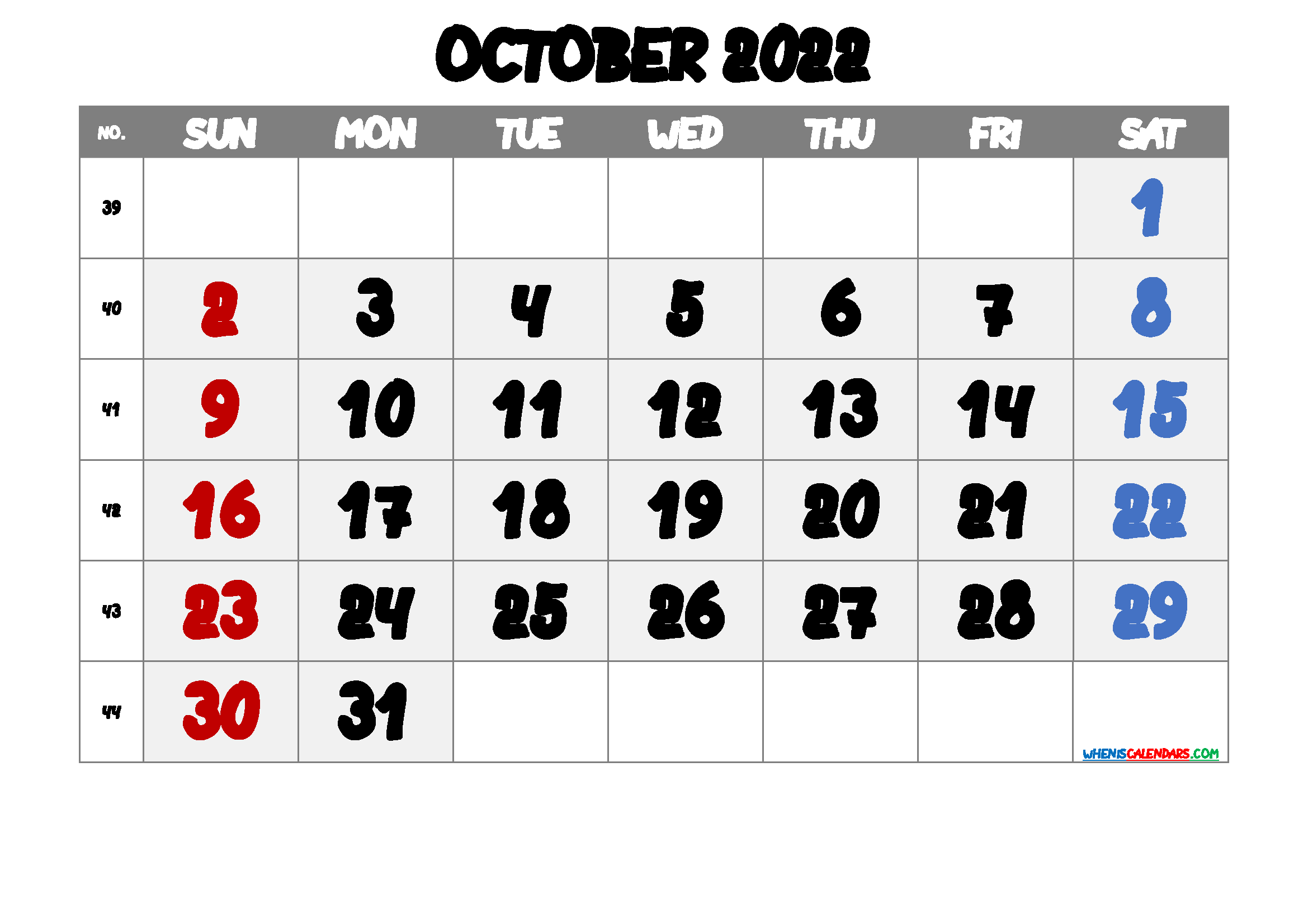 Free October 2022 Calendar Printable