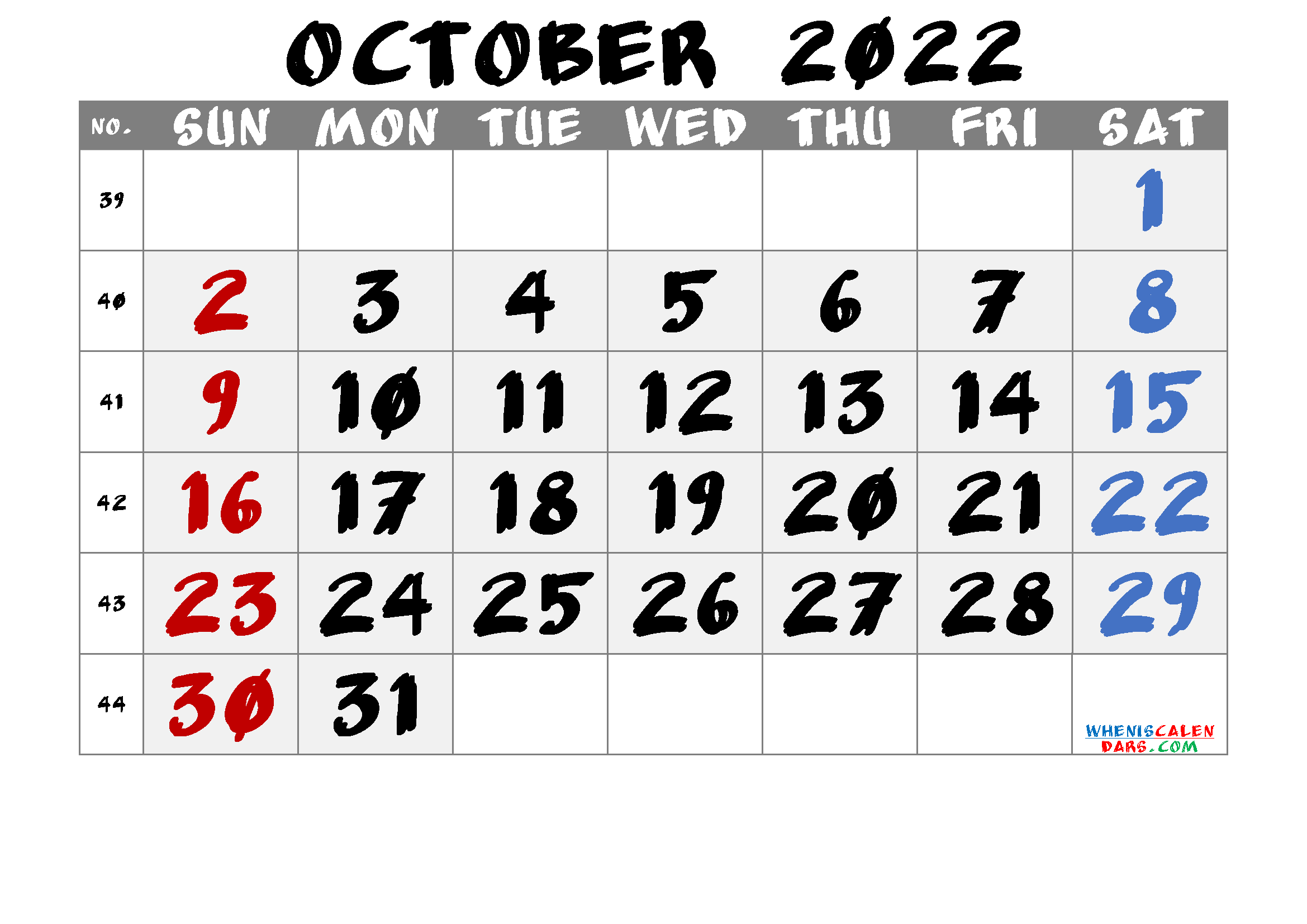Free October 2022 Calendar Printable Cute