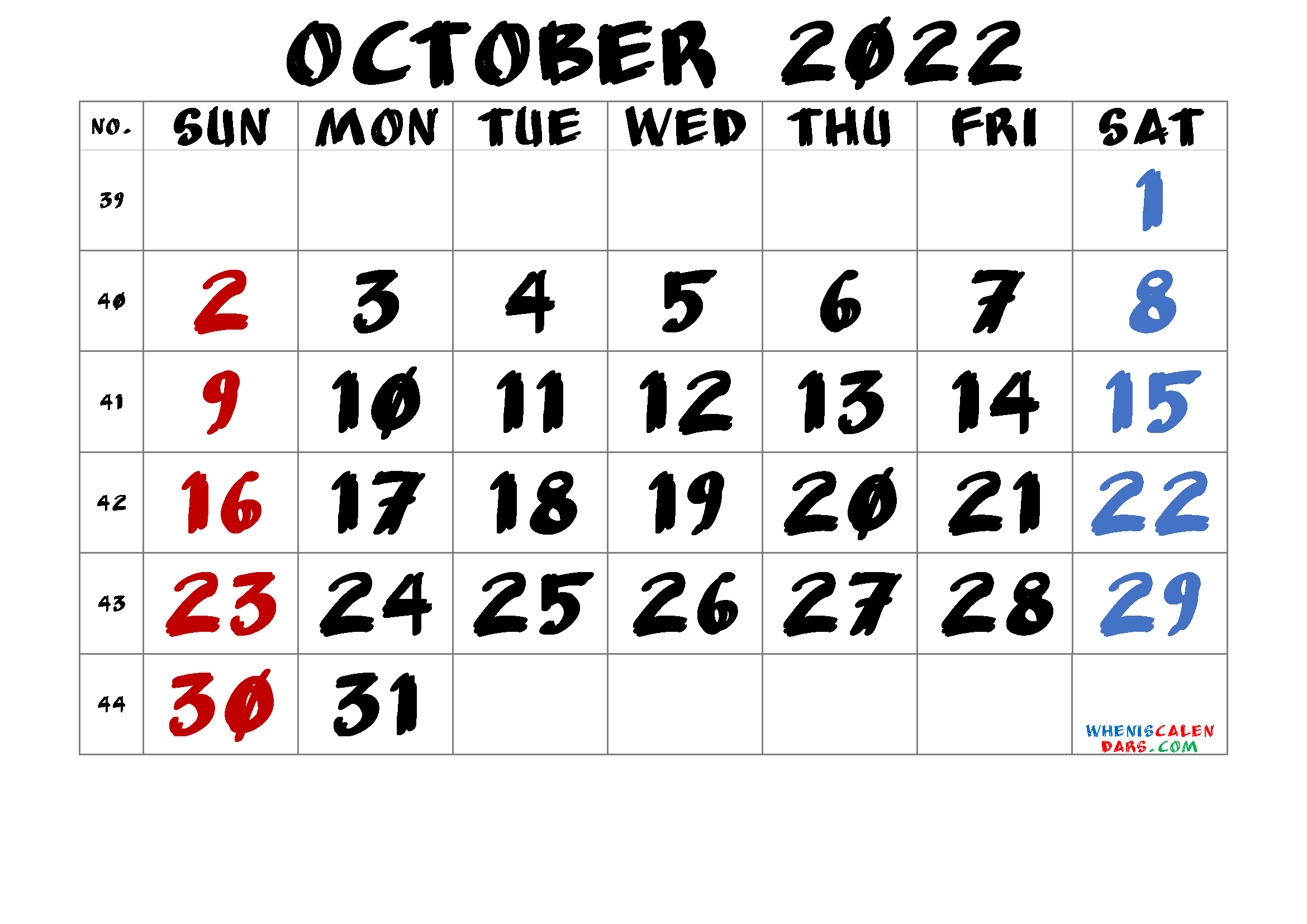 Free October Blank Calendar 2022
