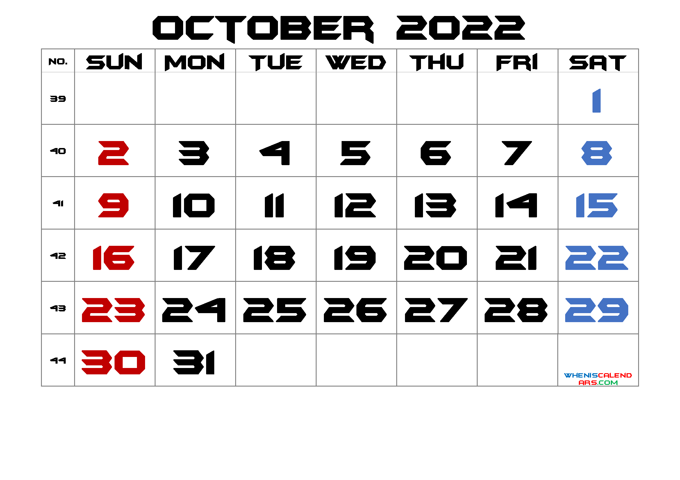 Free October 2022 Calendar Cute