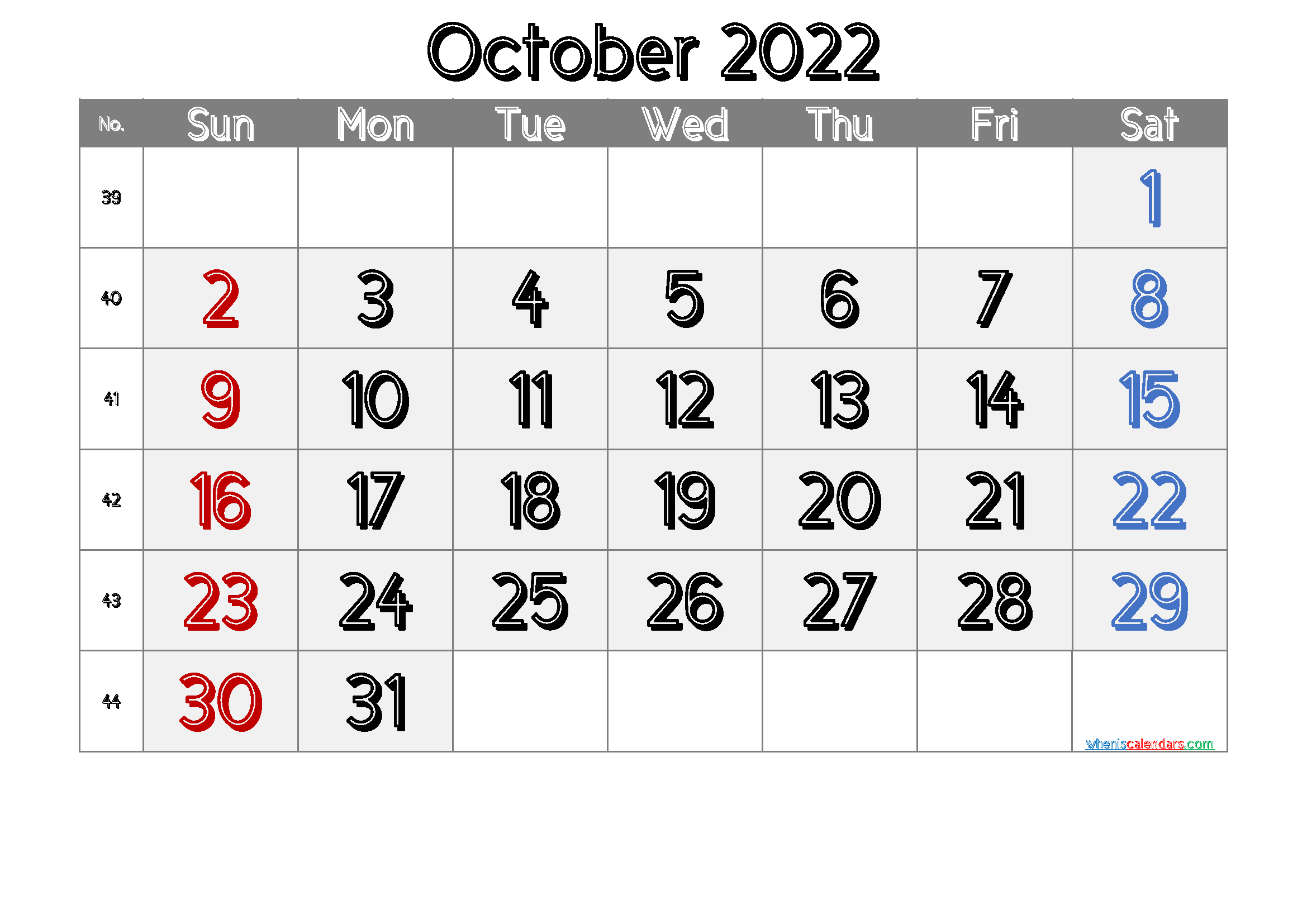Free Blank Calendar October 2022
