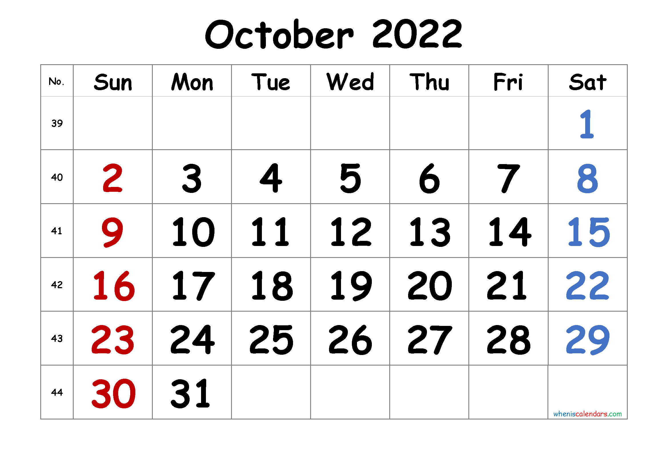 Free Printable October Calendar 2022
