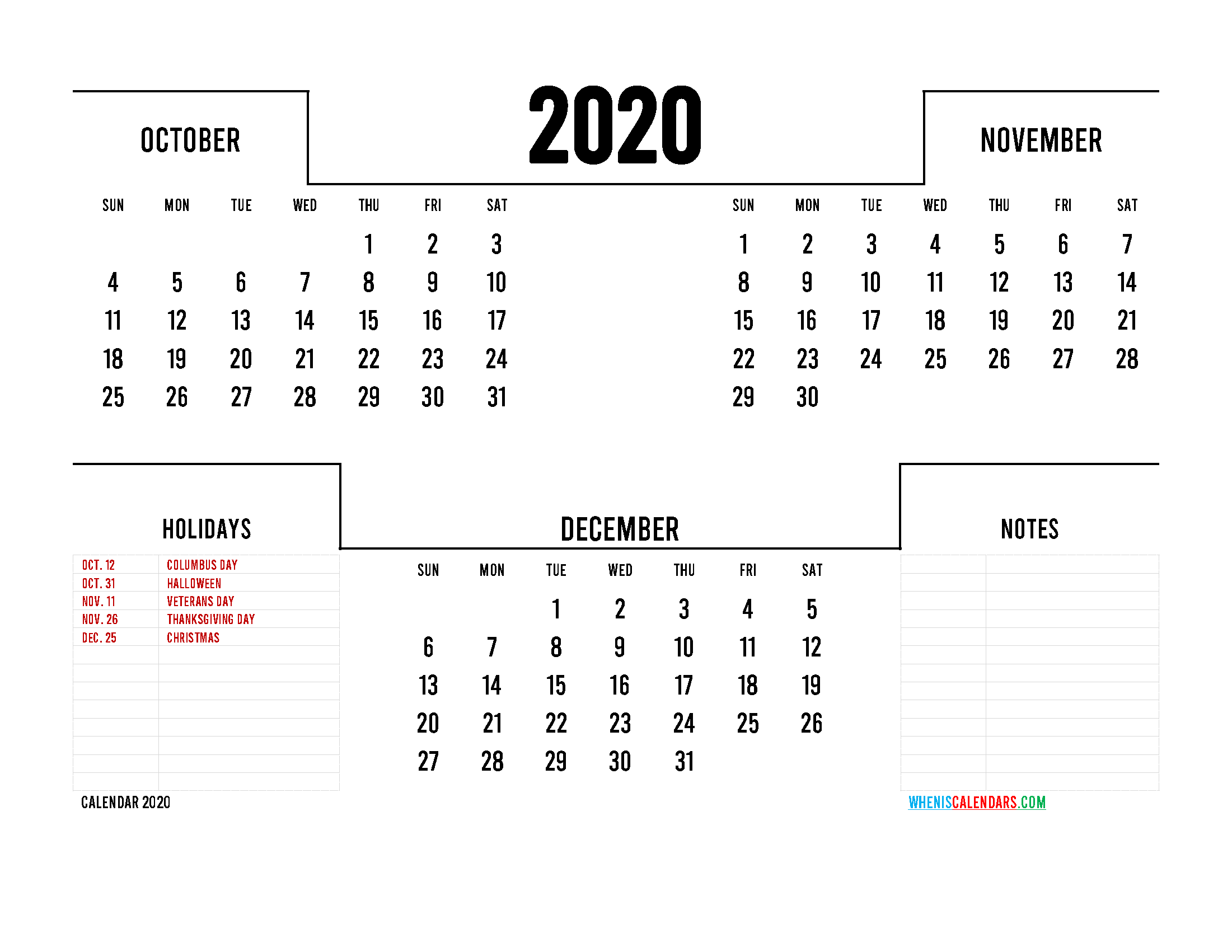 October November December 2020 Printable Calendar Free