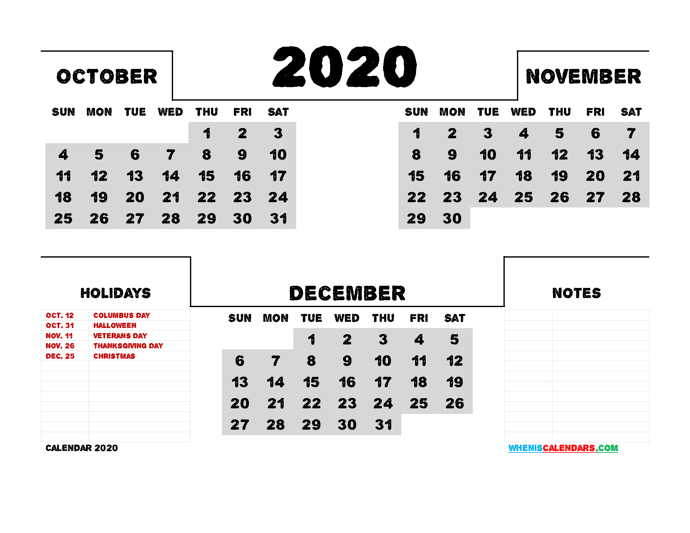 October November December 2020 Printable Calendar