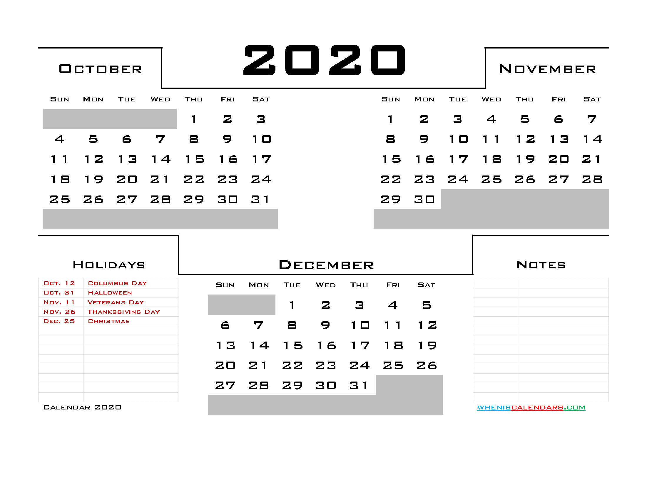 October November December 2020 Calendar Printable 3 Month
