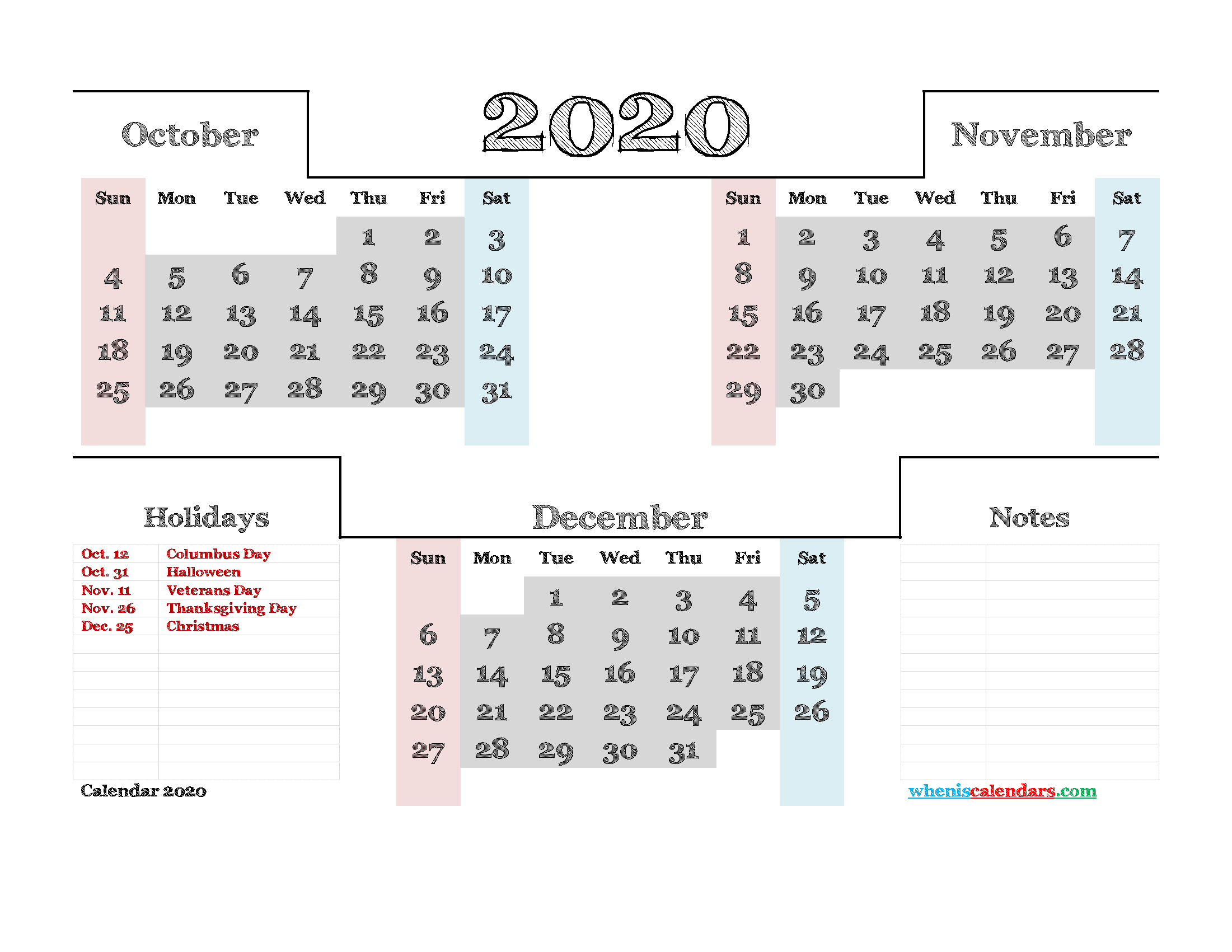Free October November December 2020 Calendar Printable