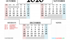 October November December 2020 Calendar Printable