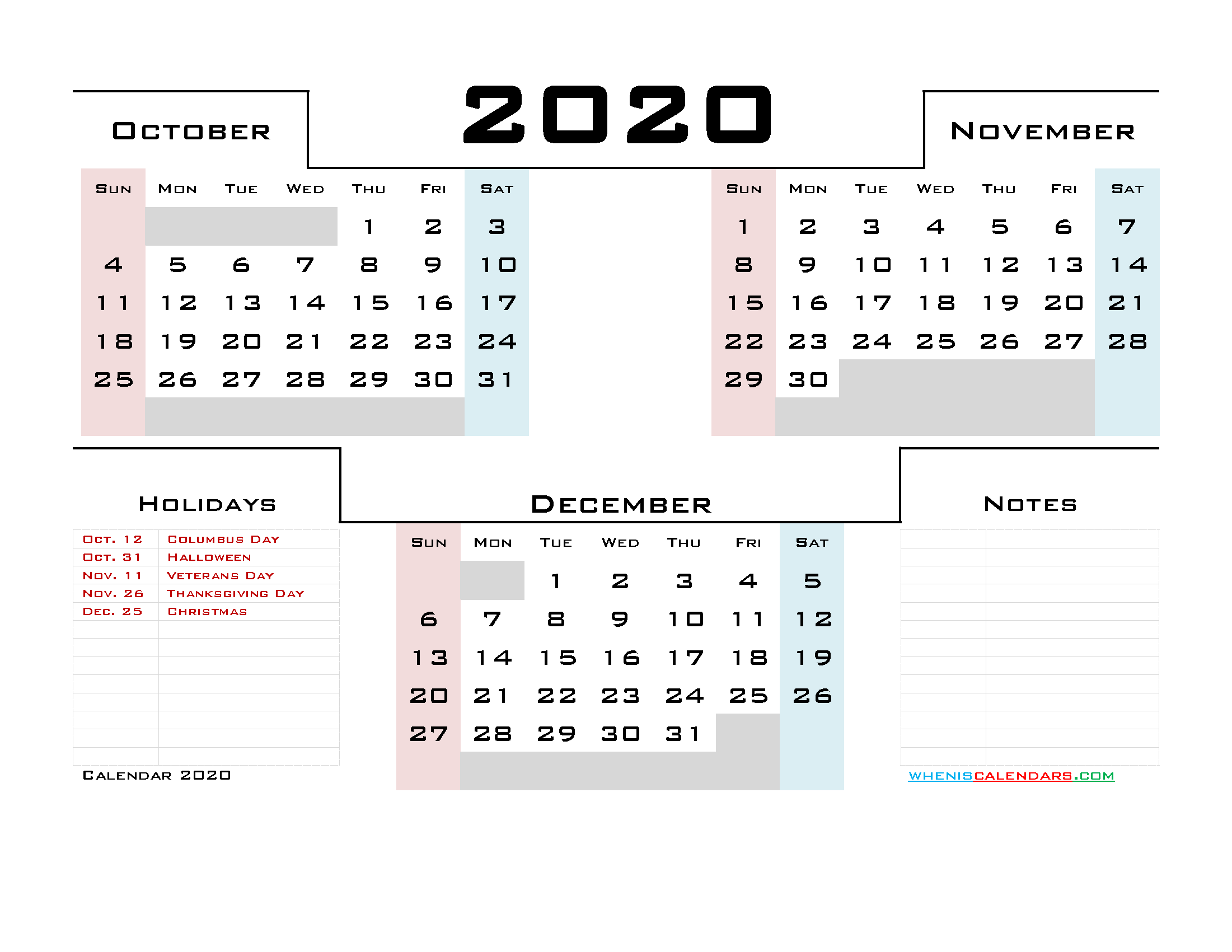 Calendar October November December 2020 Printable